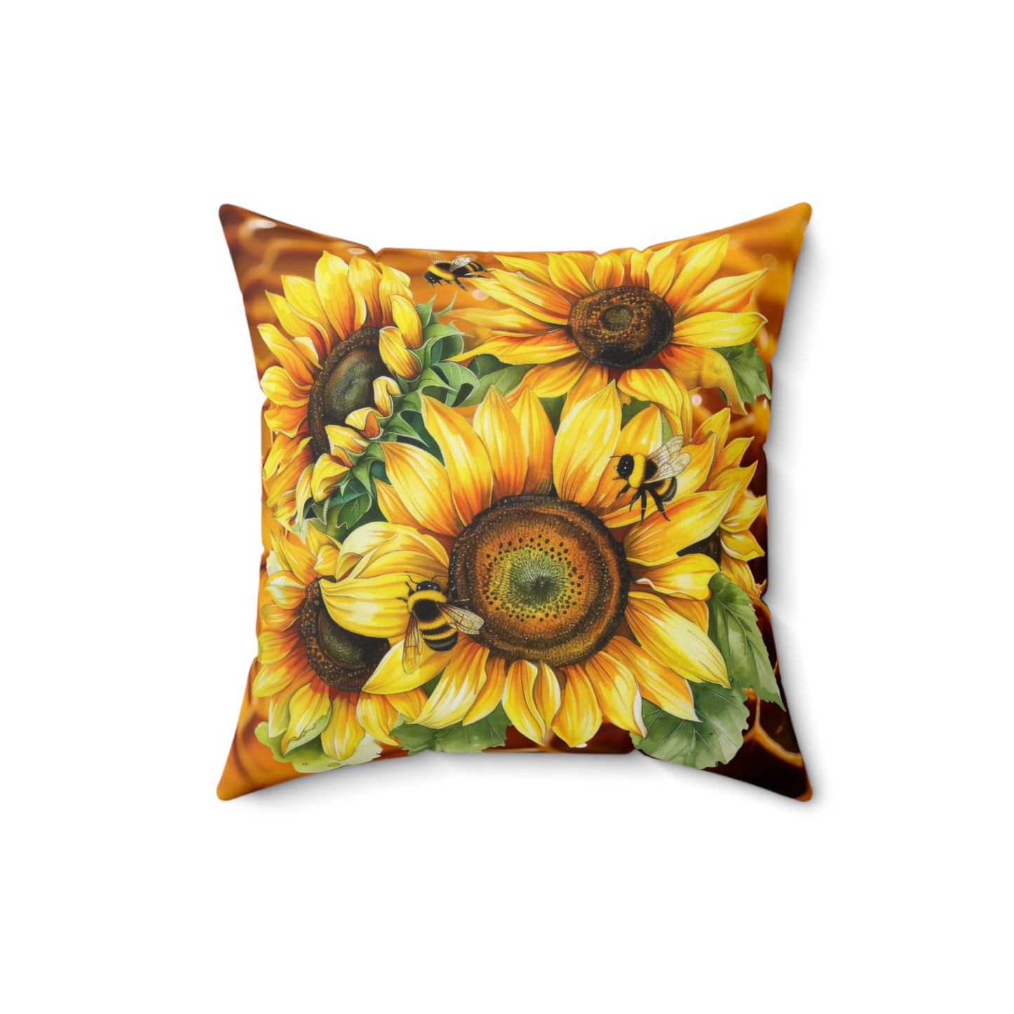 Decorative Spun Polyester Square Pillow, Honeybees and Sunflowers Accent for Any Room, Honeybees and Sunflower Lovers Home or Office Decor