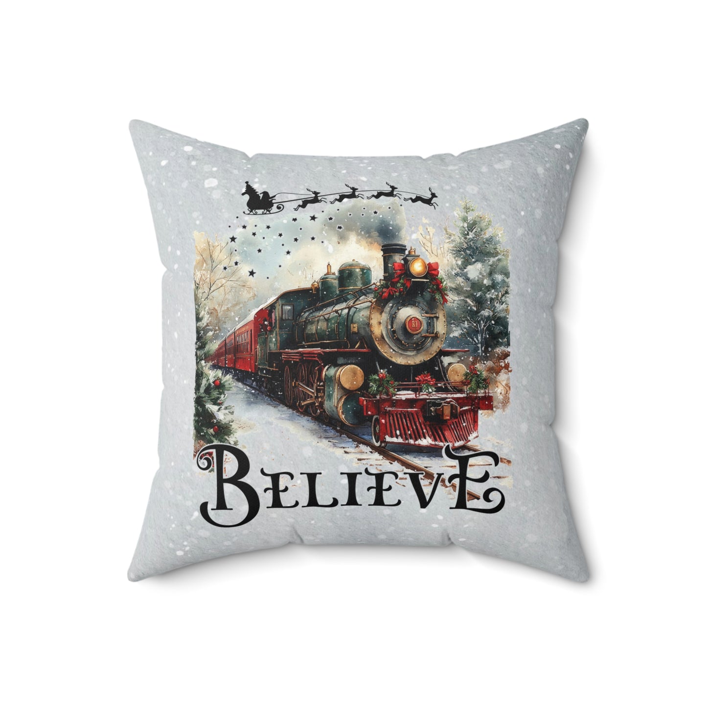 Christmas Train Decor Pillow - 'Believe' Spun Polyester Square Cushion Holiday Decor