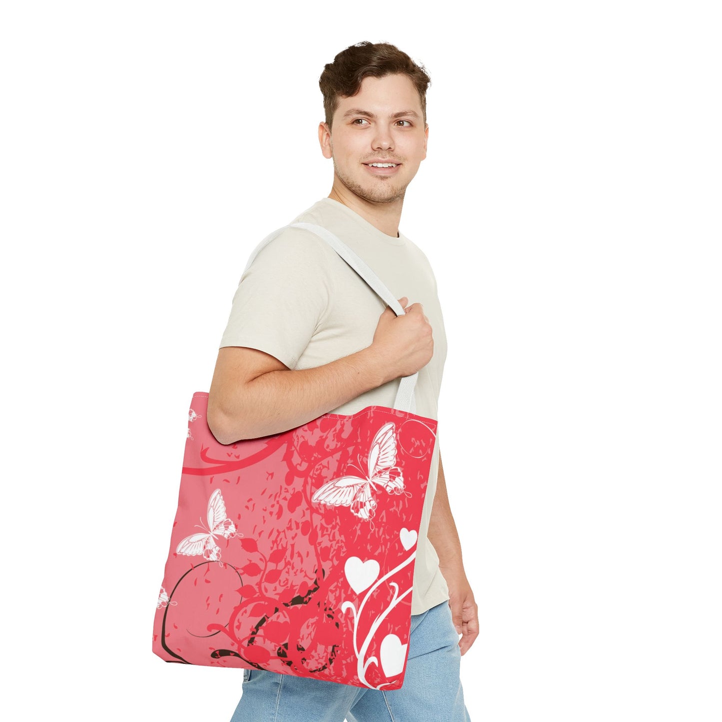 Pink Butterfly Heart Floral Abstract Fashionable Tote Bag (AOP), Stylish, Gift Idea for Birthdays, Holidays, Any Occasion for Anyone