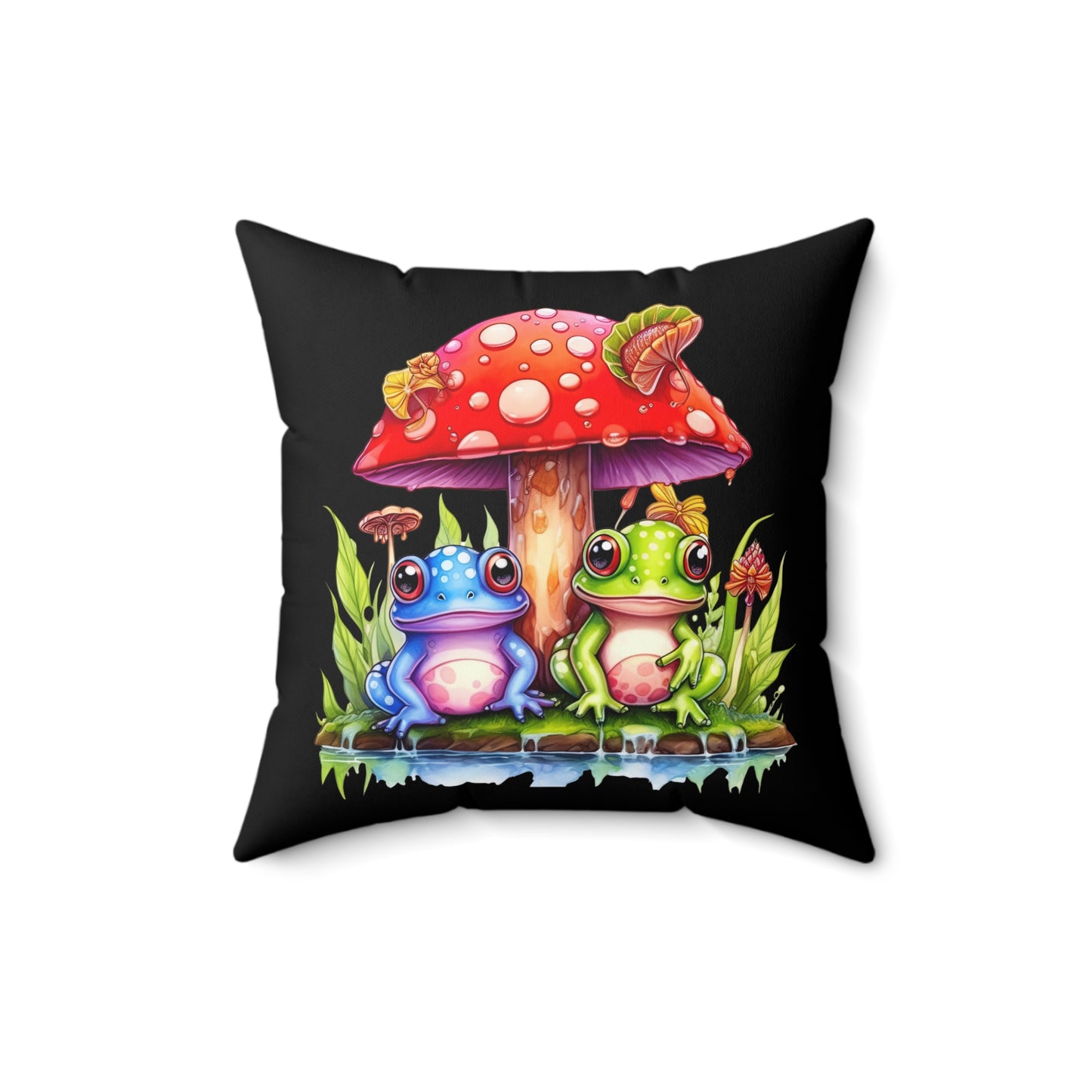 Decorative Spun Polyester Square Pillow, Mushroom with Frogs Decor for Home or Office, Great Gift Idea for Any Occasion for Anyone