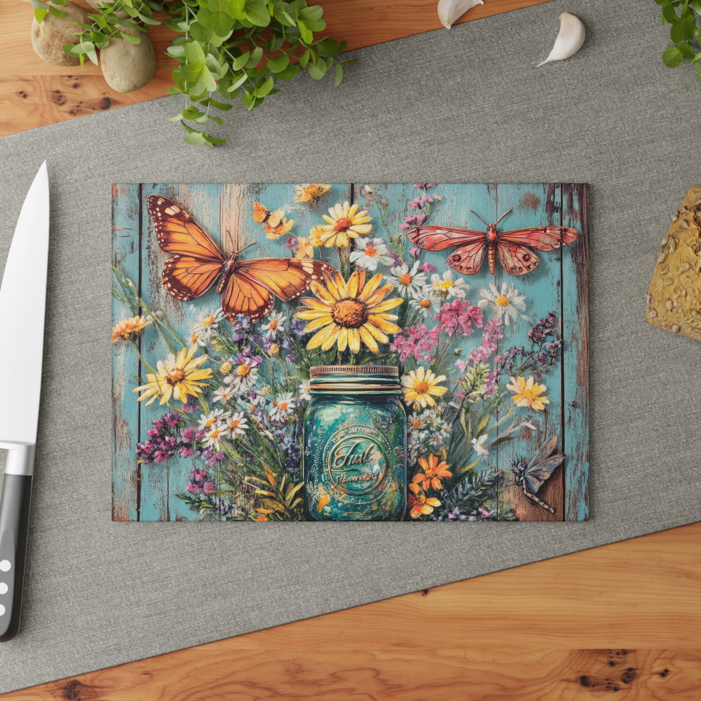 Botanical Beauty Glass Cutting Board with Butterflies and Flowers
