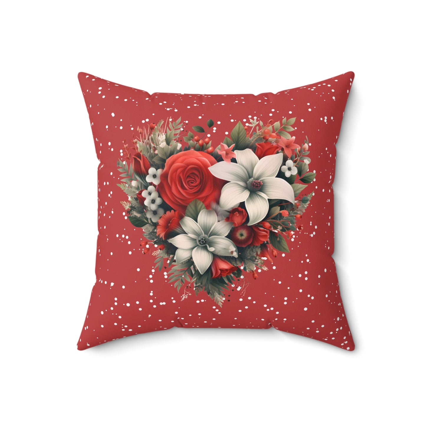 Spun Polyester Square Pillow features a Heart Shape Christmas Floral Design on One Side, Beautiful Accent for Home or Office