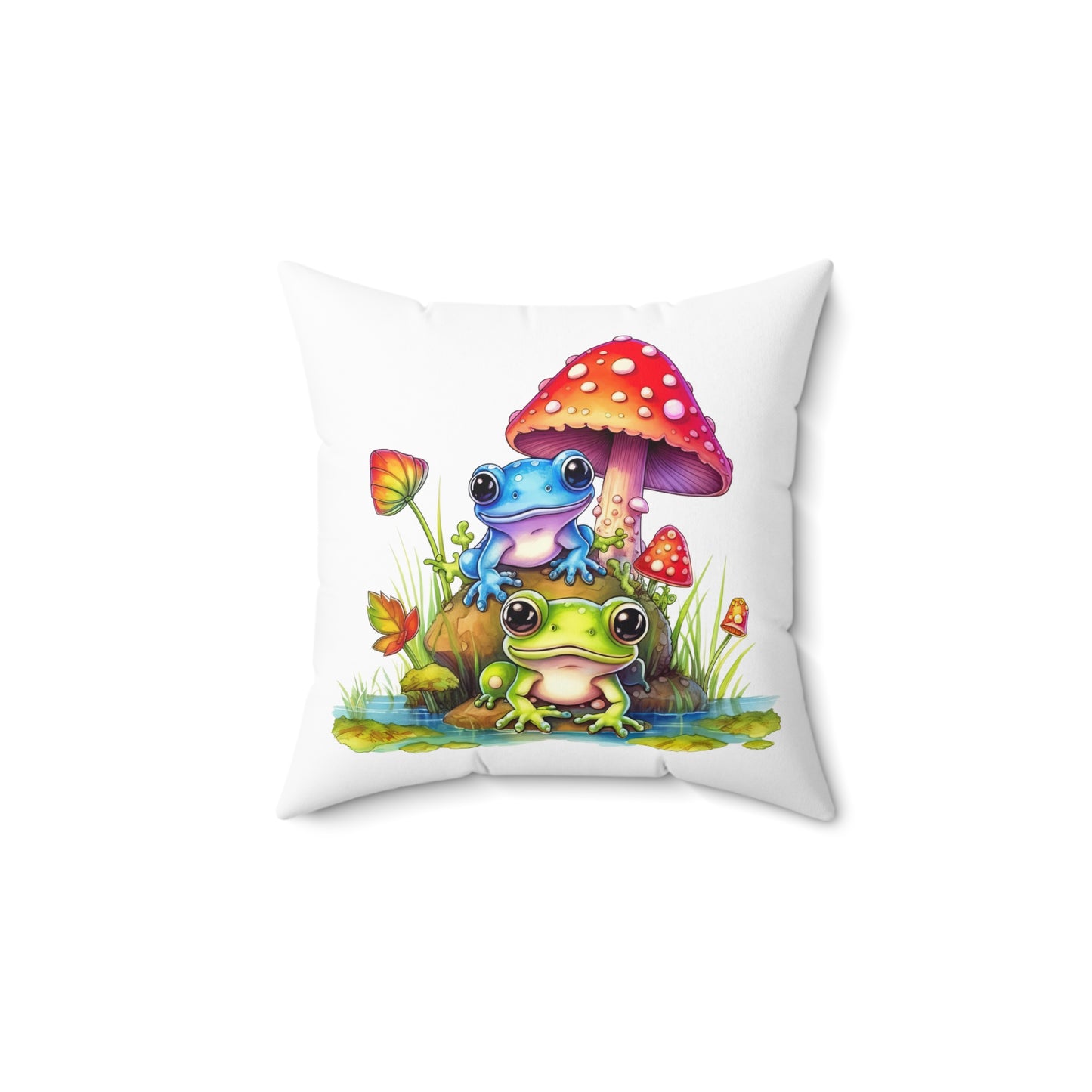 Decorative Spun Polyester Square Pillow, Stylish Mushroom with Frogs Decor for Home or Office, Gift Idea for Any Occasion for Anyone