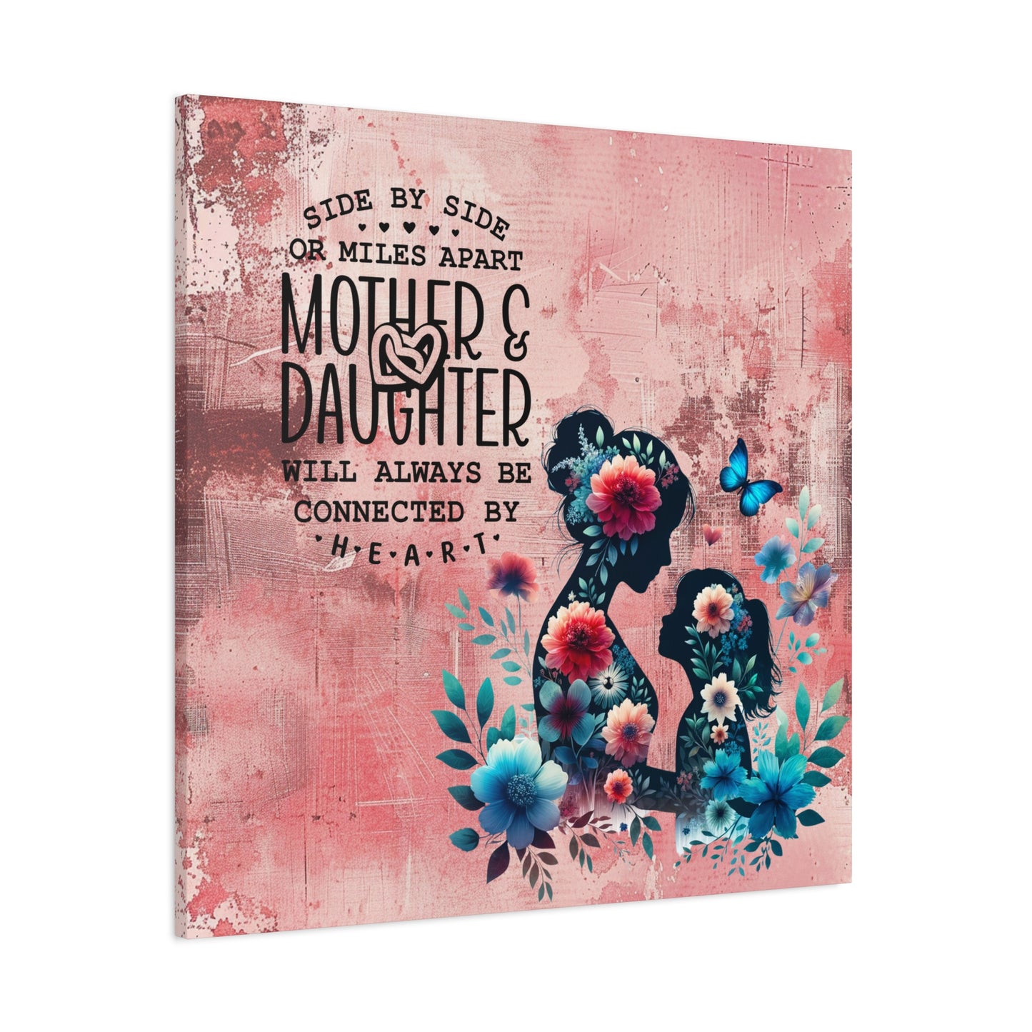 Mother-Daughter Love With Floral And Butterfly Canvas Wall Art Print