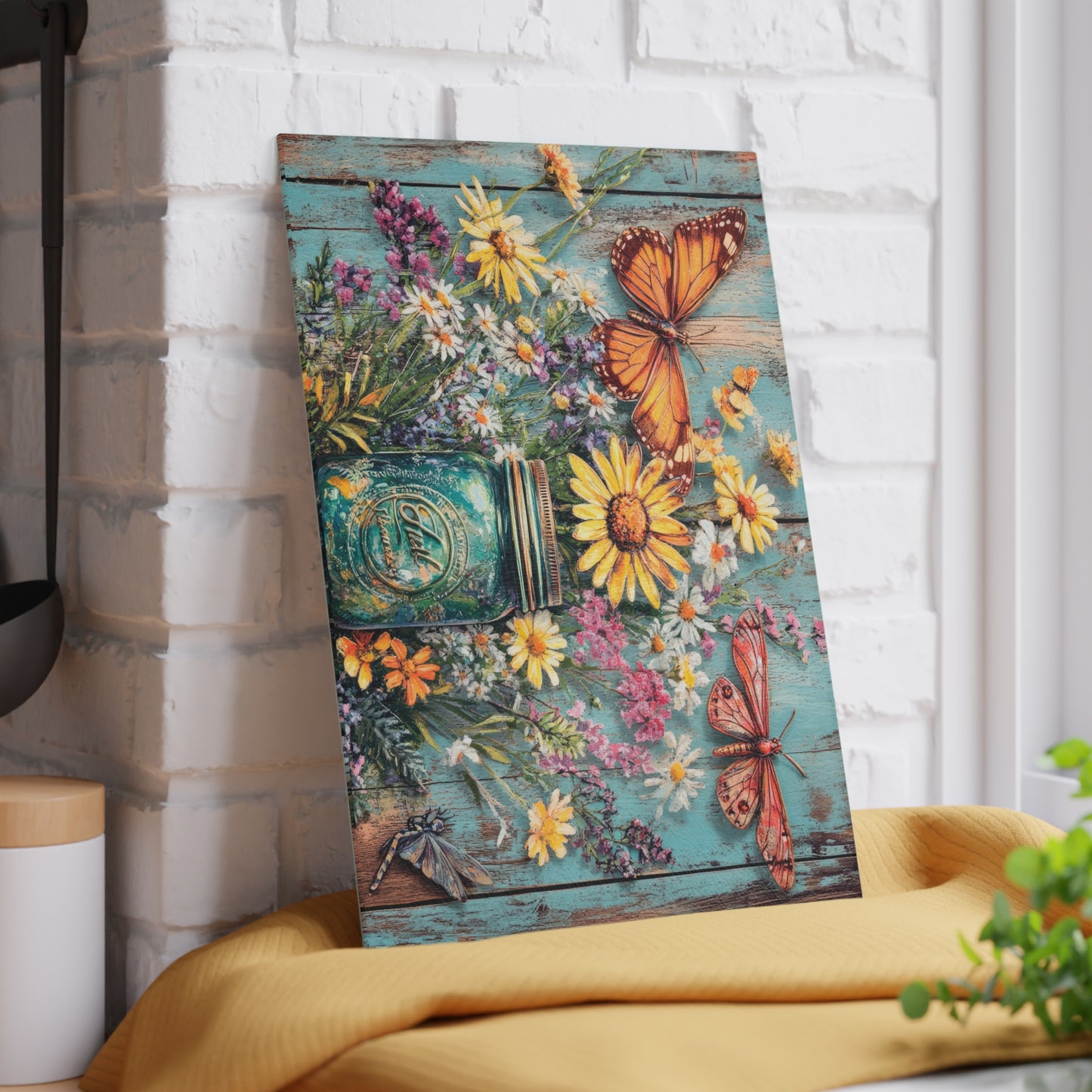 Botanical Beauty Glass Cutting Board with Butterflies and Flowers