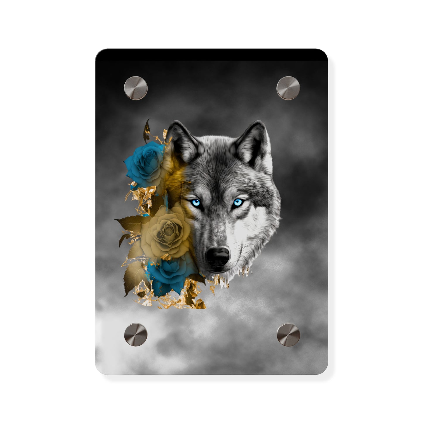 Lively Wolf Acrylic Wall Art Panel - Blue Roses Decor