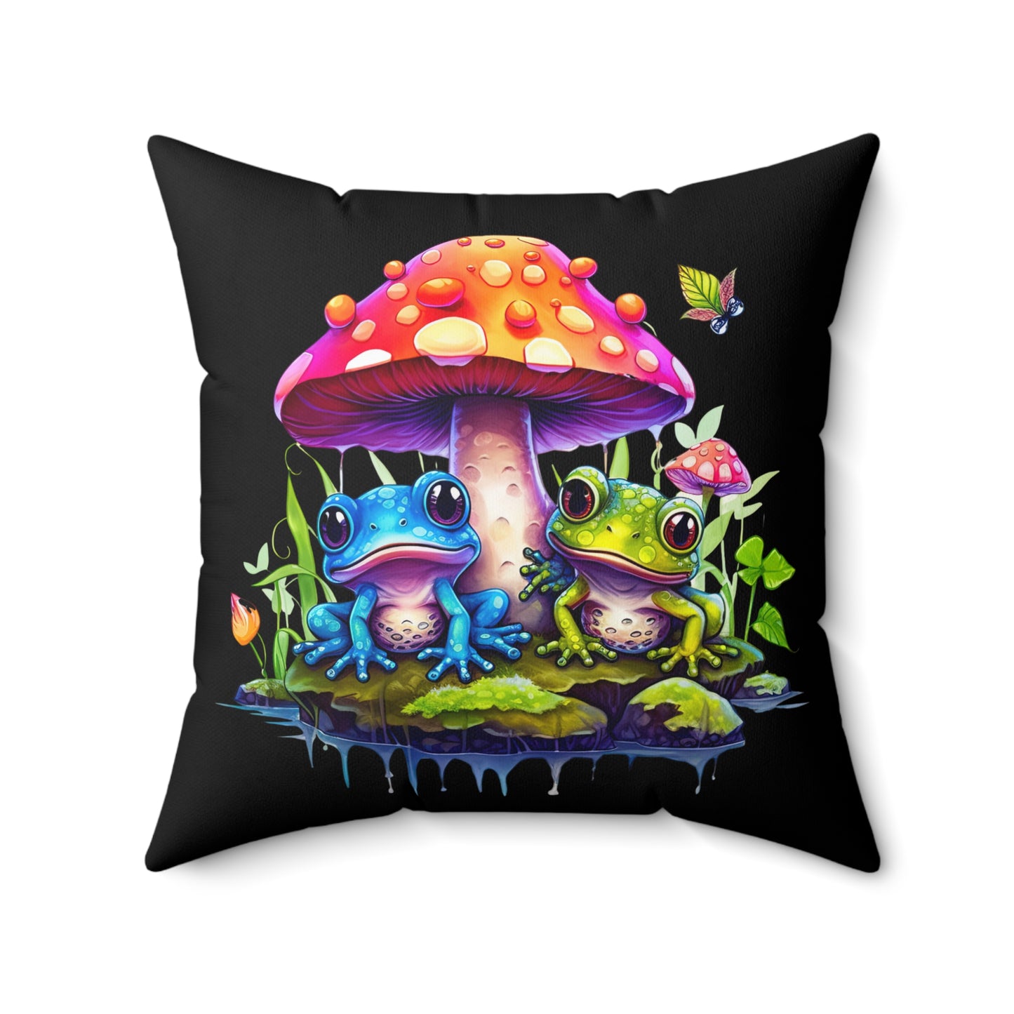 Decorative Spun Polyester Square Pillow, Stylish Mushroom with Frogs Decor for Home or Office, Great Gift Idea for Any Occasion for Anyone