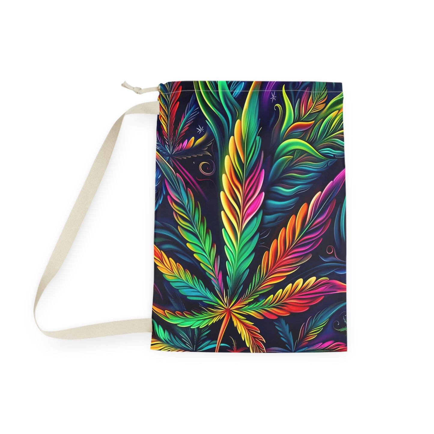 Vibrant Rainbow Botanical Leaf Laundry Bag — Boho Hippie Drawstring Tote for Dorms & Travel