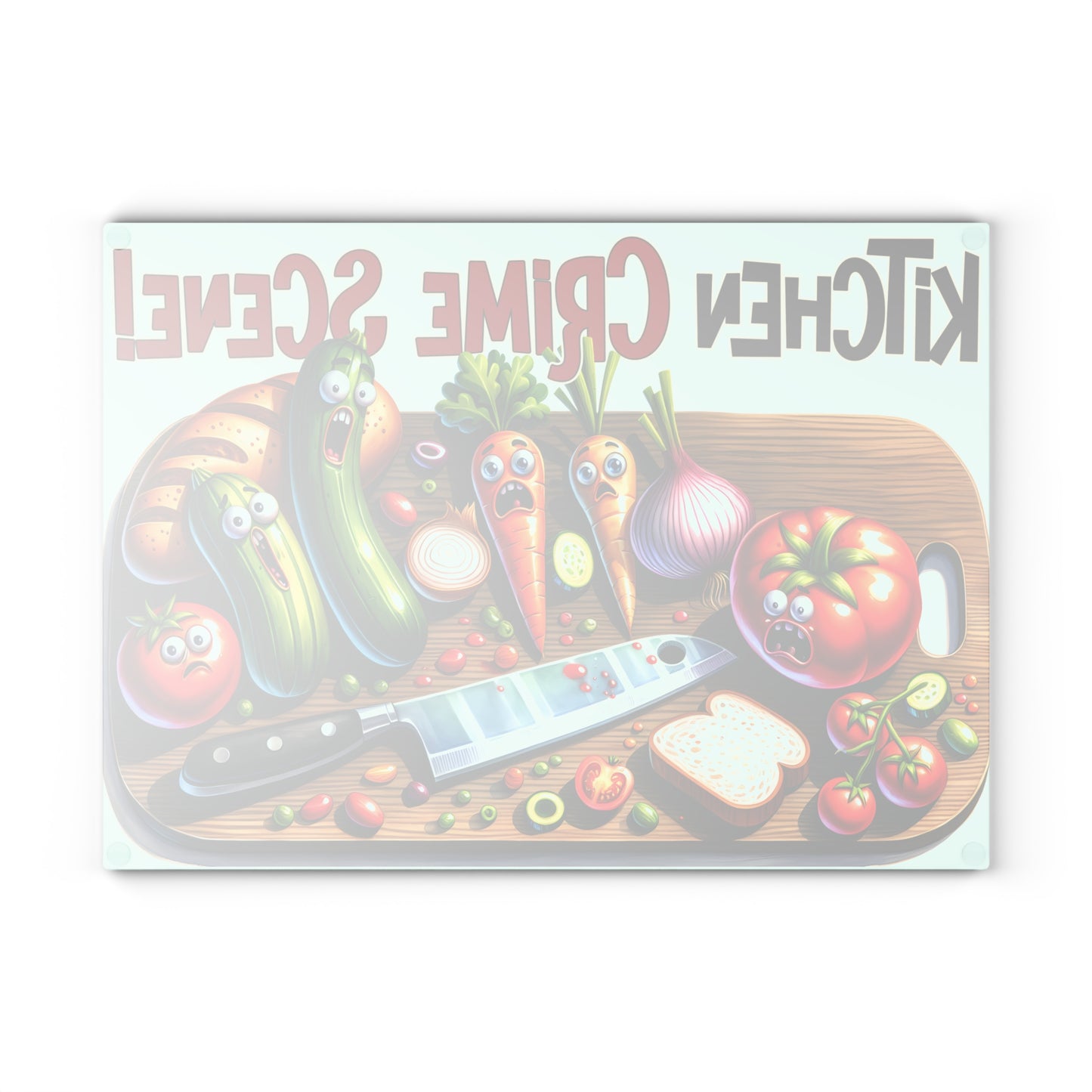 Whimsical Kitchen Crime Scene Glass Cutting Board - Chef Foodie Gift