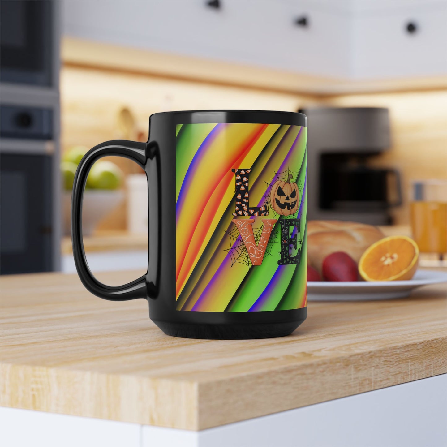 Halloween Theme Black Mug (11oz, 15oz), Cute Halloween Expression, Halloween Lovers, Coffee, Tea, Hot Chocolate Lovers, Great Gift Idea for Anyone