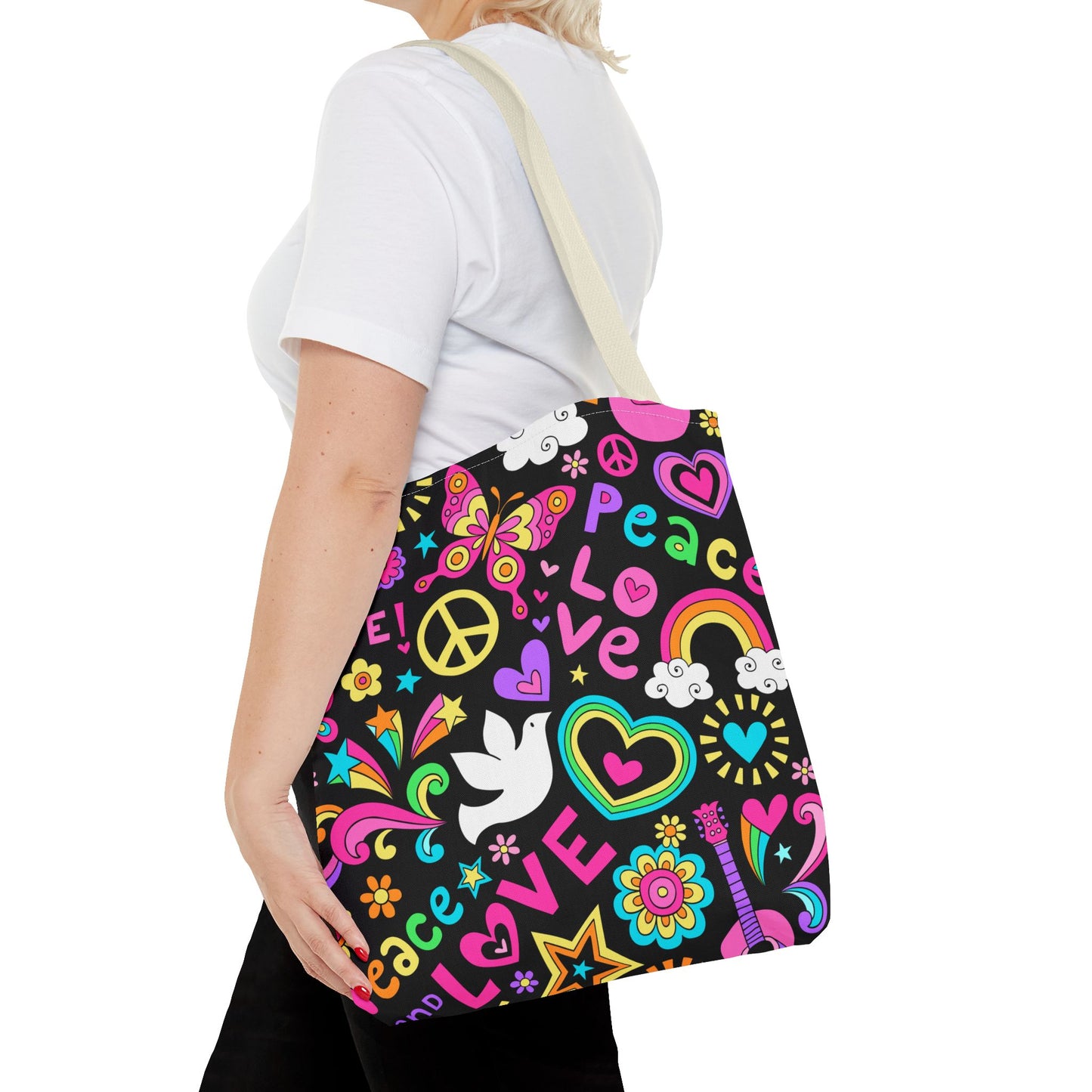 Fashionable Tote Bag (AOP), Stylish, Peace Lovers, Hippie Theme, Great Gift Idea for Birthdays, Holidays or Any Occasion for Anyone