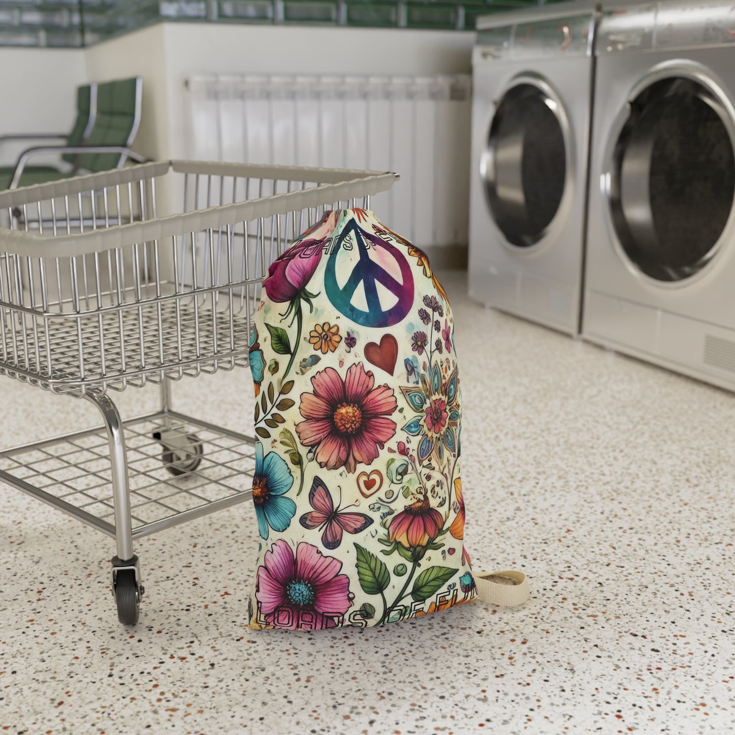 Peace & Flowers Laundry Bag — Boho Floral Drawstring Bag for Travel & Dorm - "Loads of Fun" saying