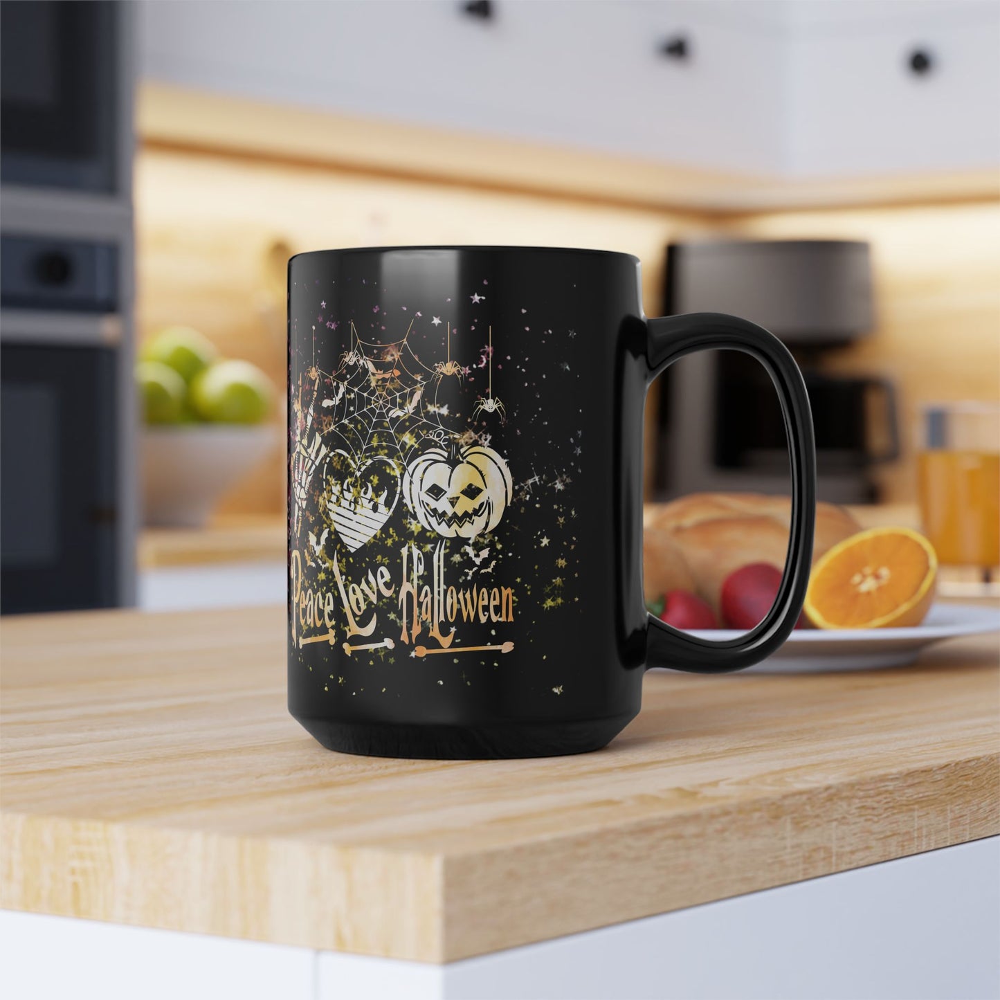 Halloween-Themed Black Mug | Peace Love Halloween Design, Spooky Coffee Cup, Fall Gift, Haunted House Decor, October Celebration