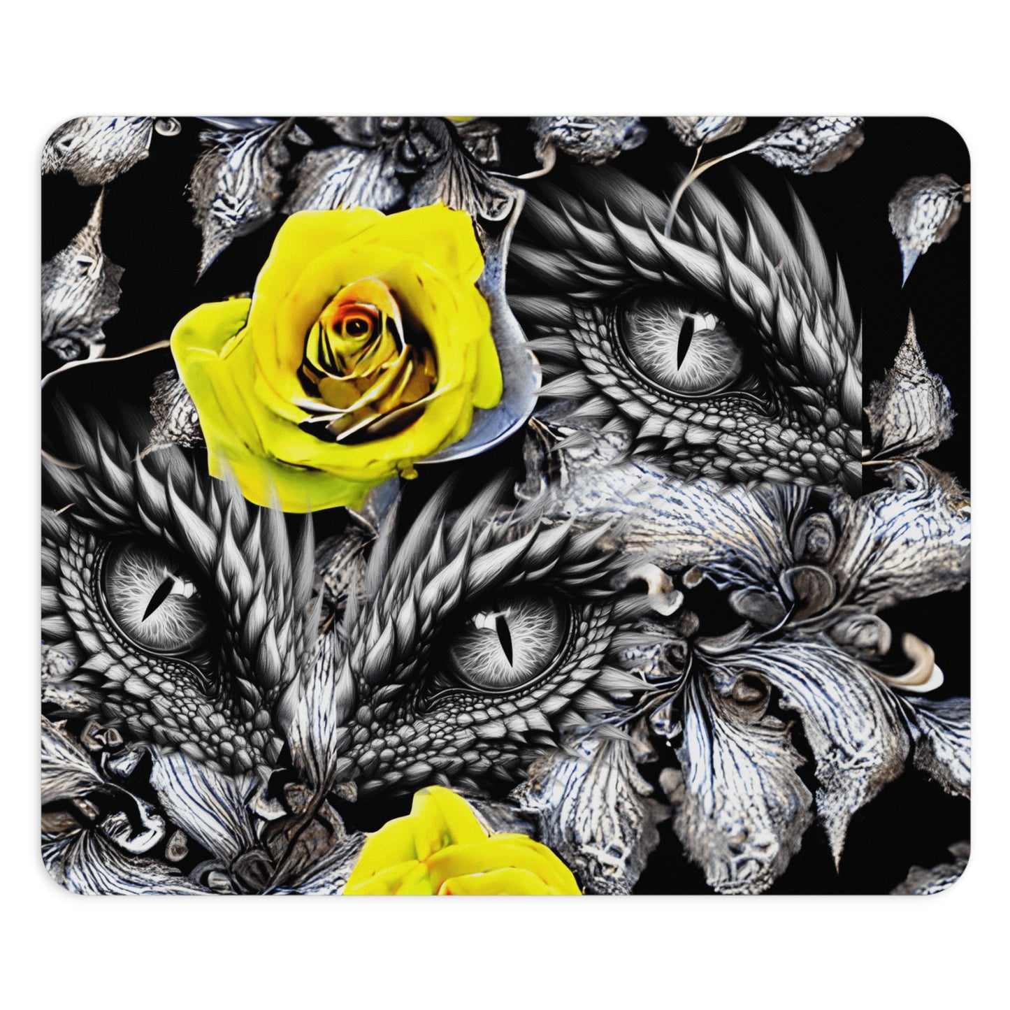 Detailed Dragon Eyes and Yellow Rose Desk Mouse Pad, Laptop Accessory, Gaming Gear, Office Decor, Gift for Him/Her