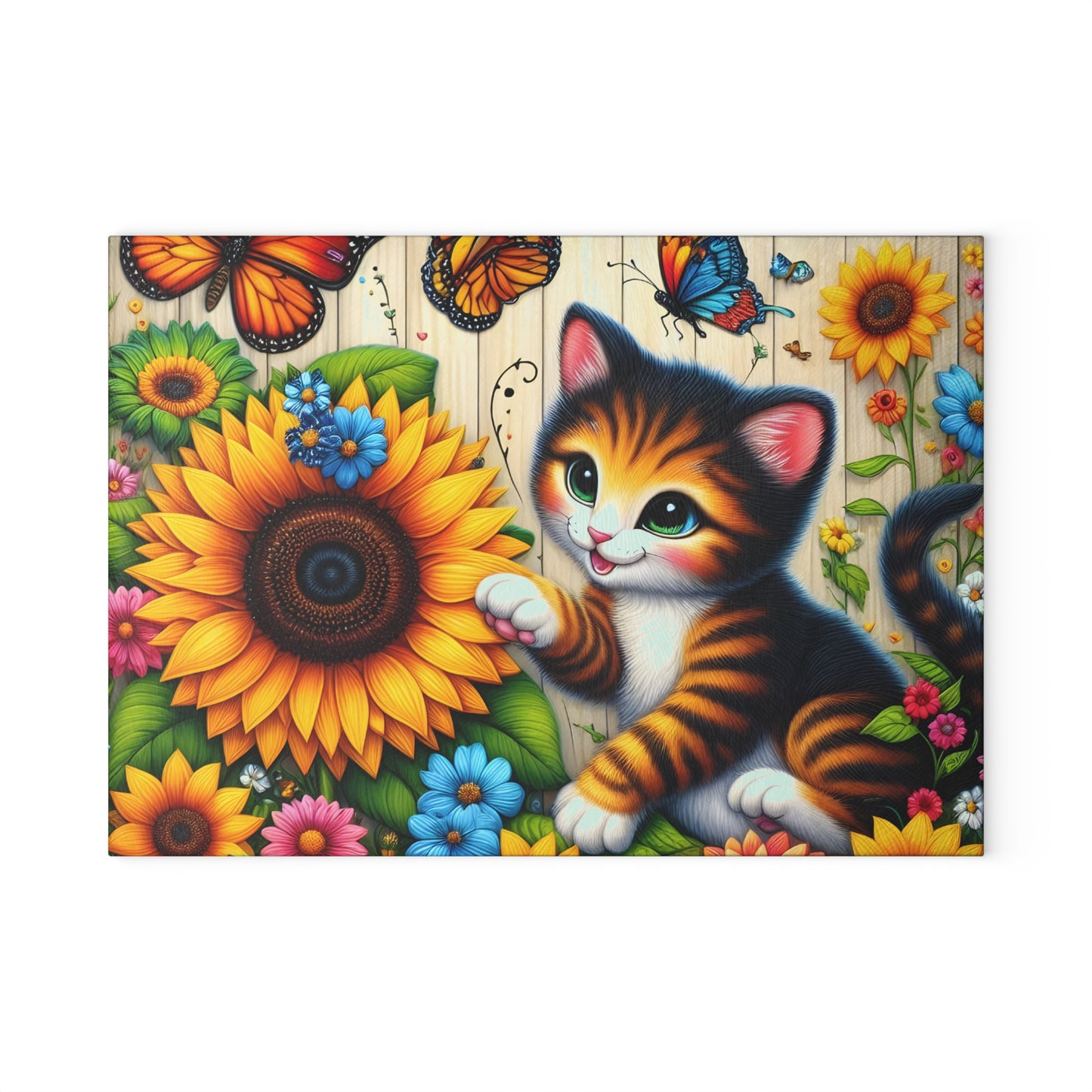 Colorful Cat & Sunflower Glass Cutting Board