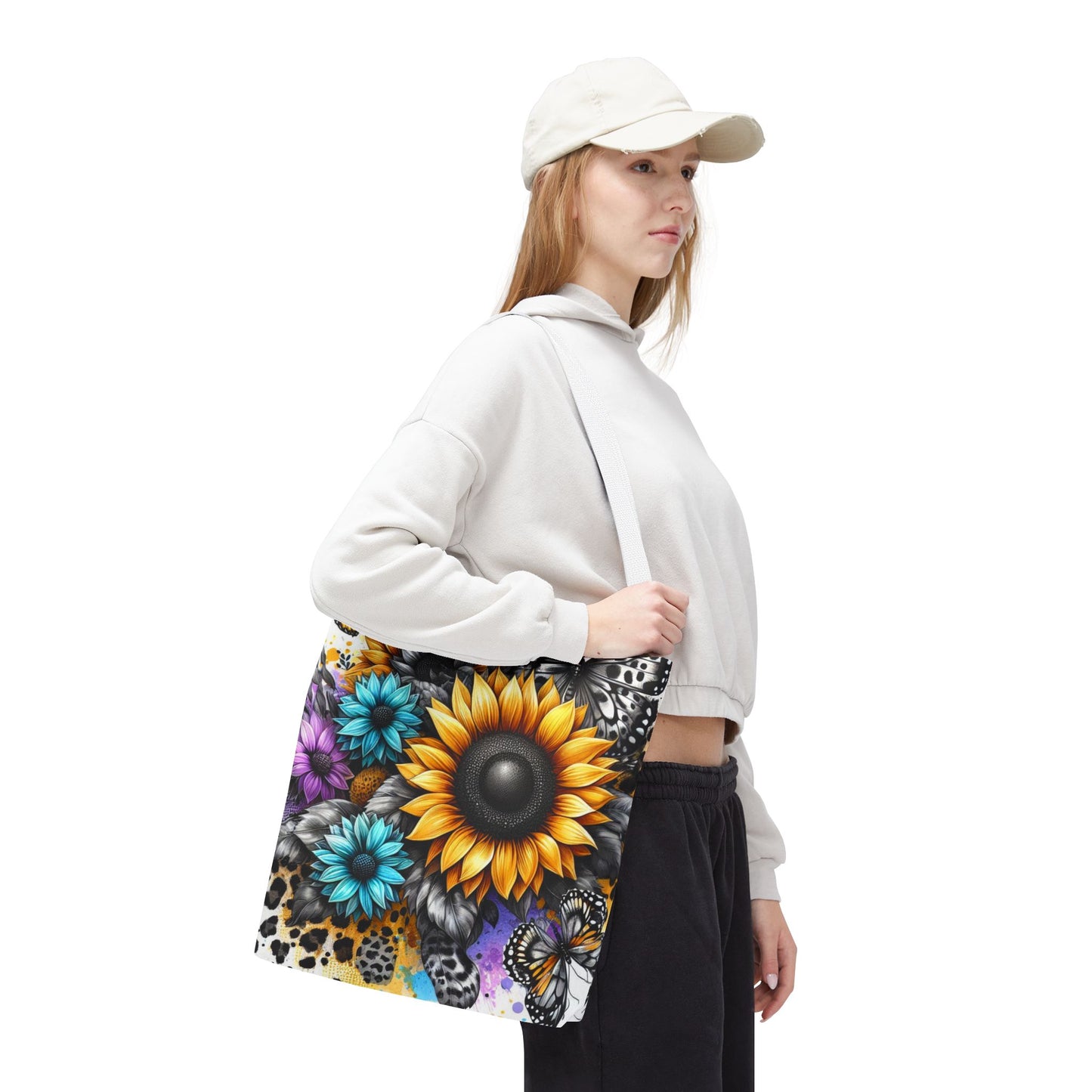 Sunflower & Butterfly Tote Bag — Colorful Floral All-Over Print
