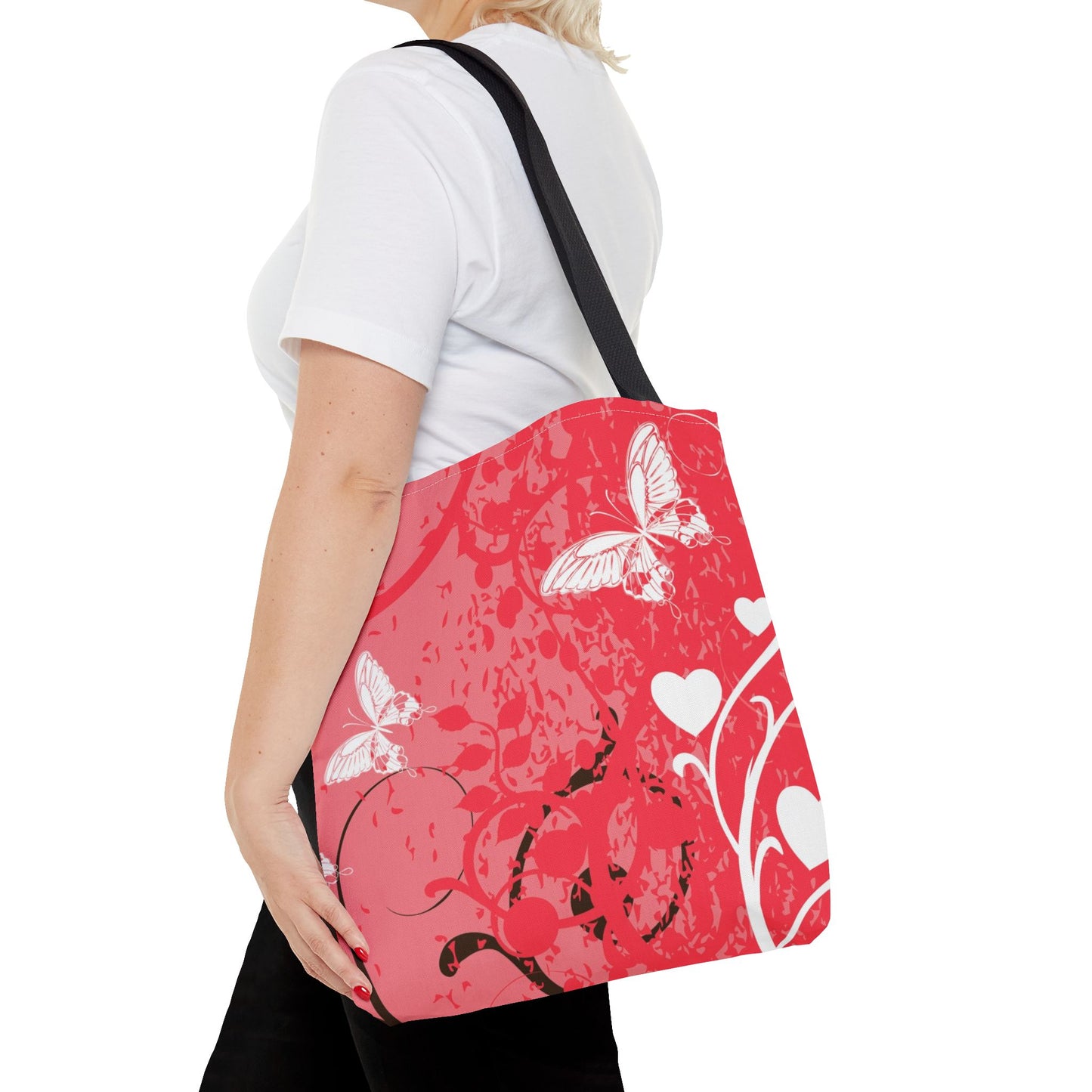 Pink Butterfly Heart Floral Abstract Fashionable Tote Bag (AOP), Stylish, Gift Idea for Birthdays, Holidays, Any Occasion for Anyone