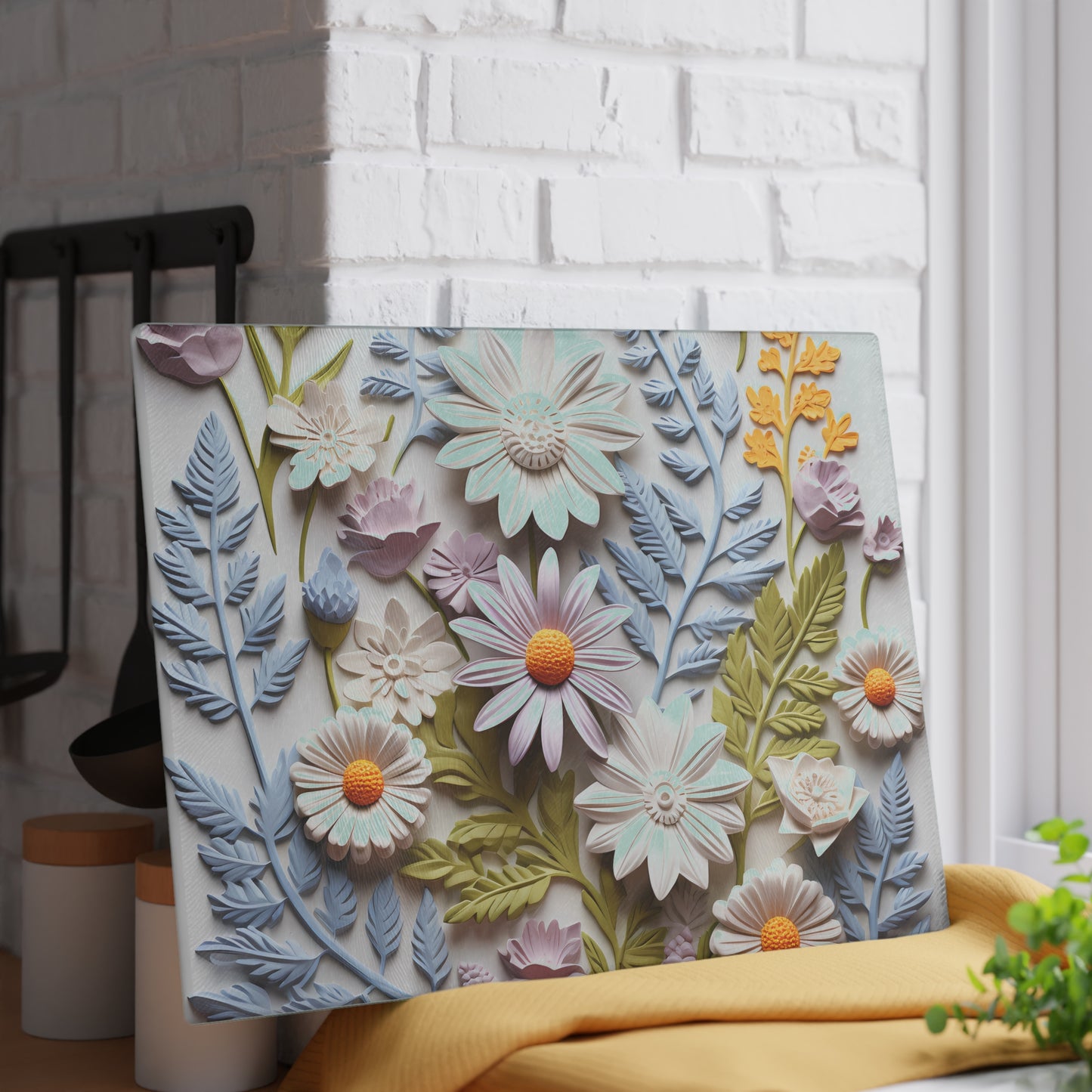 Floral Design Glass Cutting Board - Elegant Kitchen Decor for Food Prep