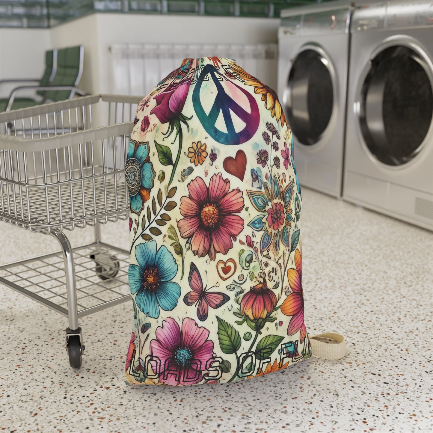 Peace & Flowers Laundry Bag — Boho Floral Drawstring Bag for Travel & Dorm - "Loads of Fun" saying
