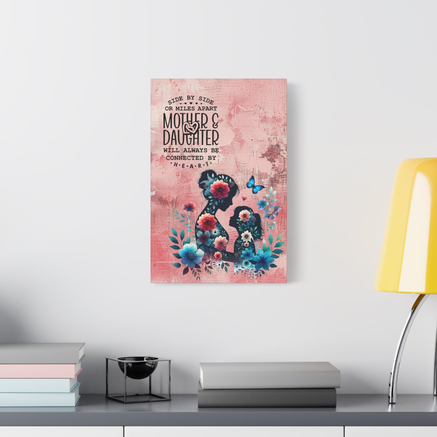Mother-Daughter Love With Floral And Butterfly Canvas Wall Art Print