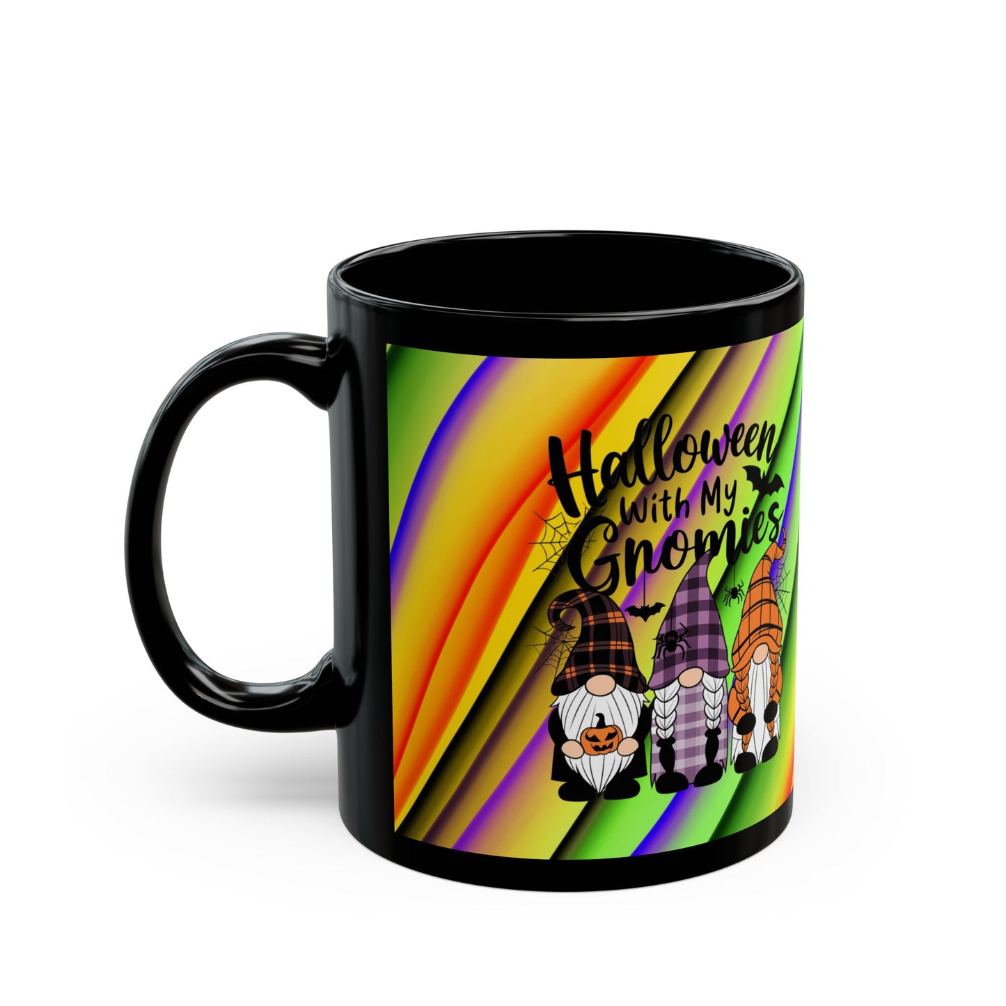 Halloween Theme Black Mug (11oz, 15oz), Cute Halloween Expression with Gnomes, Halloween Lovers, Gnome Lovers, Coffee, Tea, Hot Chocolate Lovers Gift Idea