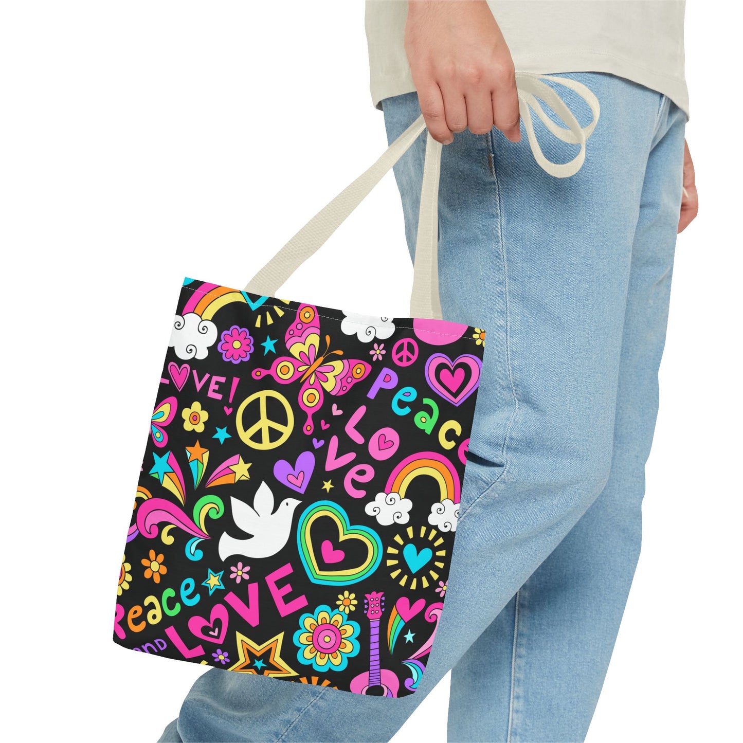 Fashionable Tote Bag (AOP), Stylish, Peace Lovers, Hippie Theme, Great Gift Idea for Birthdays, Holidays or Any Occasion for Anyone