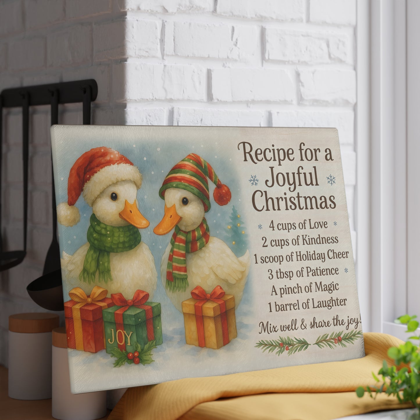 Festive Holiday Glass Cutting Board - Joyful Christmas Recipe