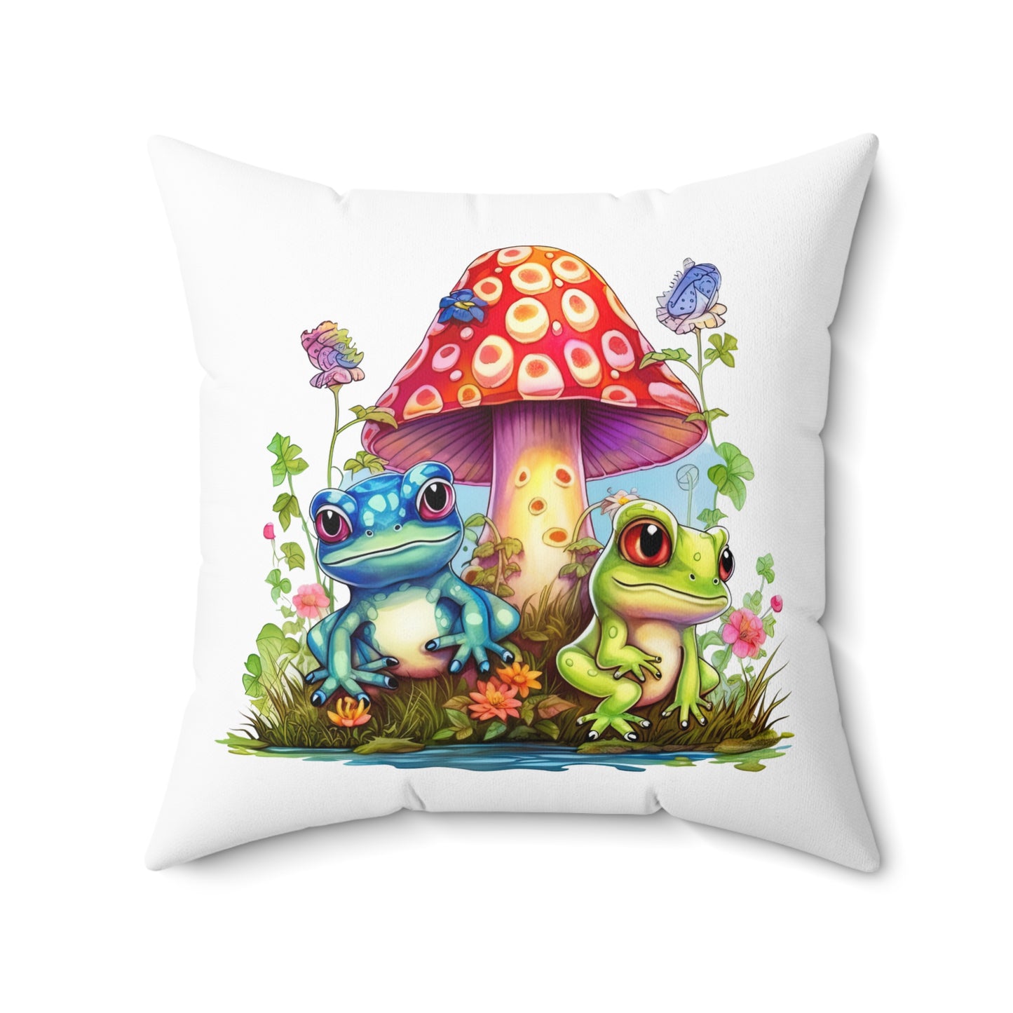 Decorative Spun Polyester Square Pillow, Stylish Mushroom and Frogs Decor for Home or Office, Great Gift Idea for Any Occasion for Anyone