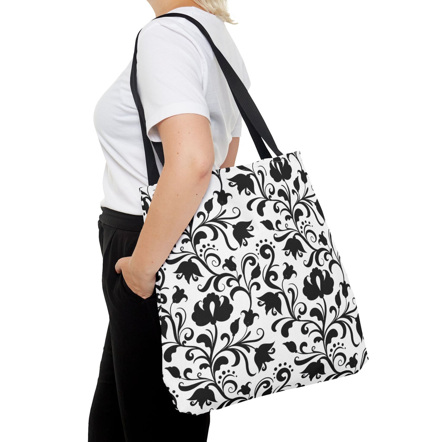 Black and White Floral Tote Bag - Stylish AOP Fashion Everyday Gift