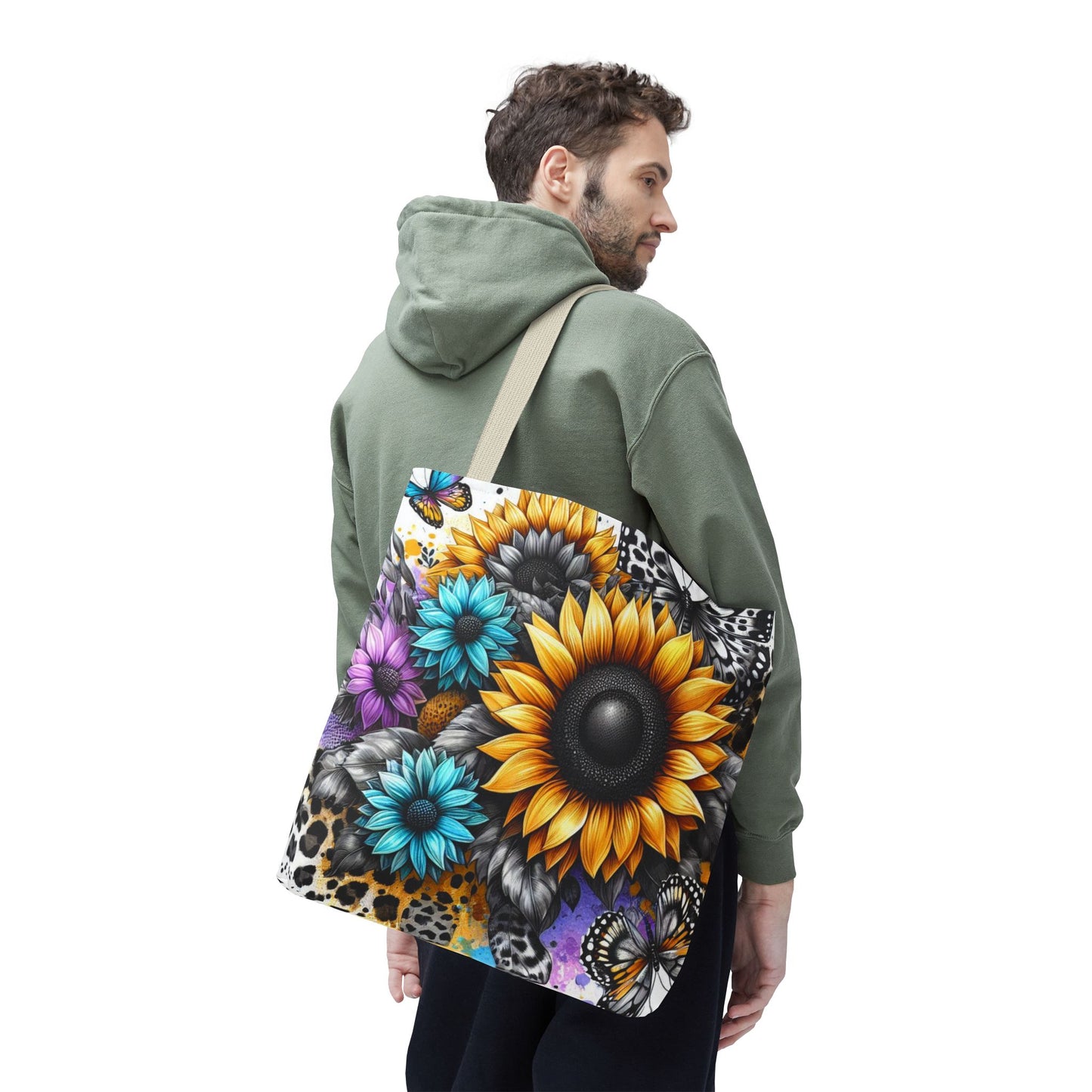 Sunflower & Butterfly Tote Bag — Colorful Floral All-Over Print