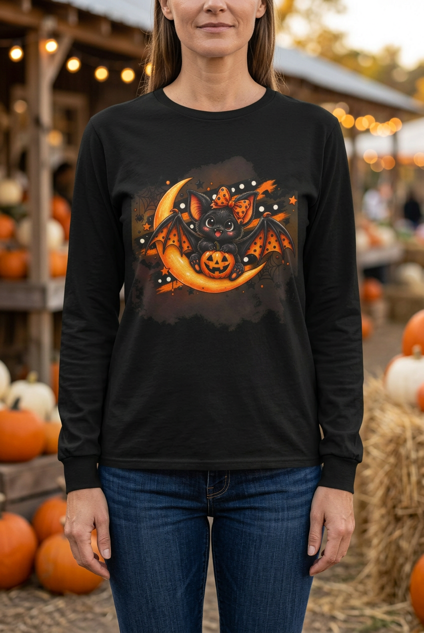 Halloween Bat and Jack-O’-Lantern shirt lifestyle mockup at an autumn harvest market