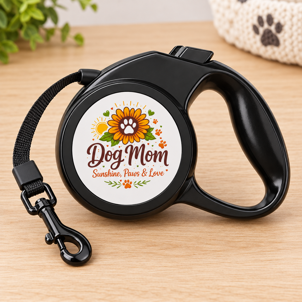 Close-up of the Dog Mom floral retractable leash handle, lock button, and metal clip