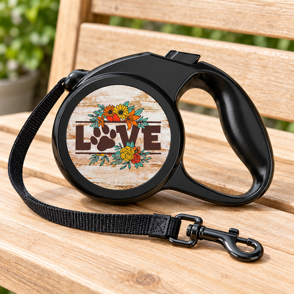 Close-up of the sunflower LOVE paw-print retractable leash handle, cord and clip