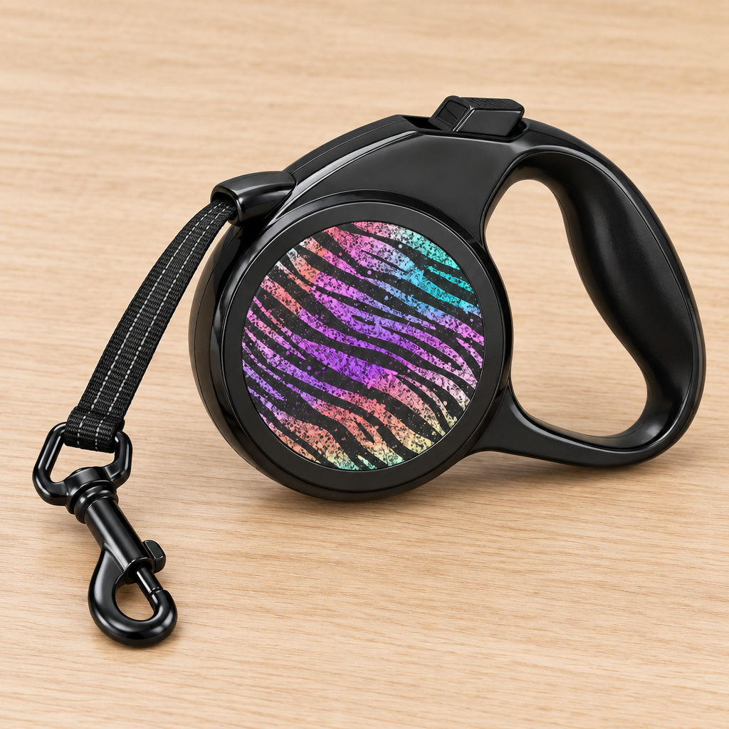 Close-up of the Rainbow Zebra Print retractable leash handle, lock button, and metal clip