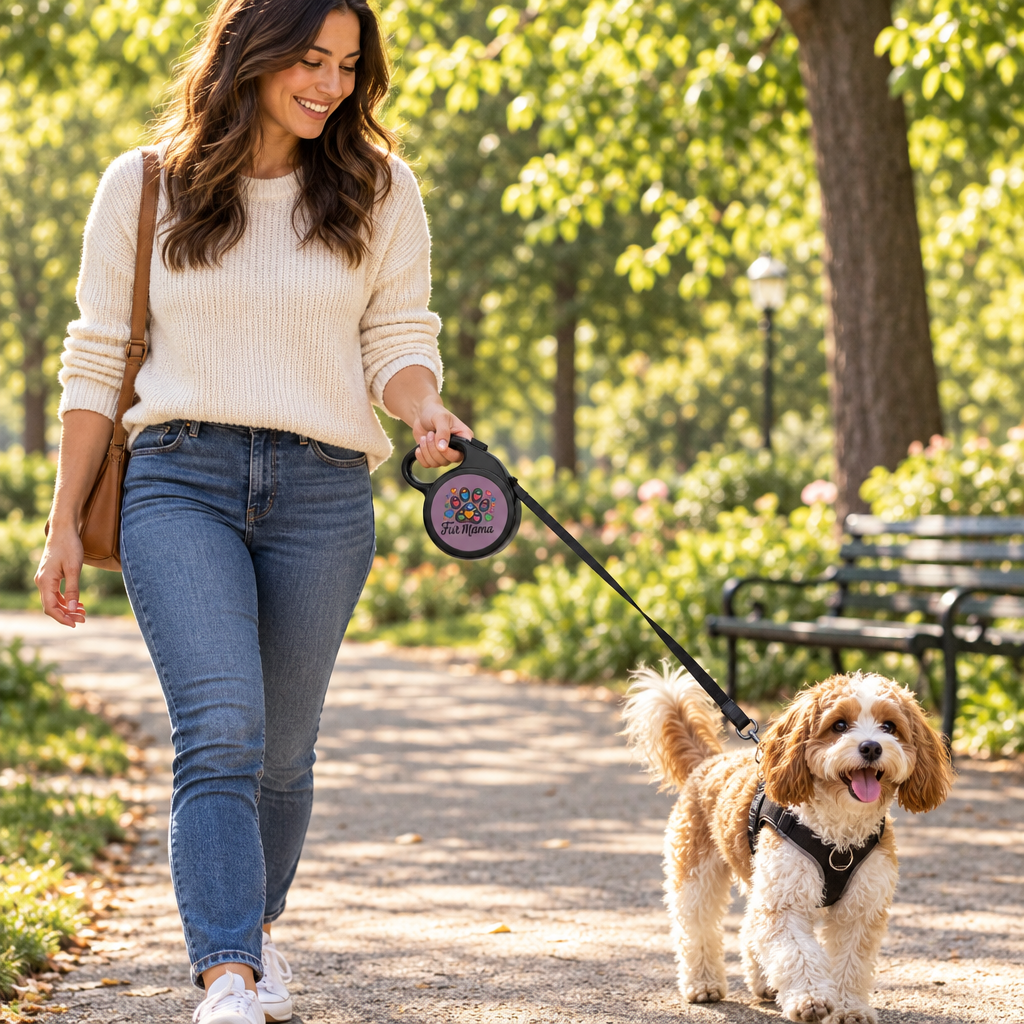 Woman walking a small dog in a park with the Fur Mama paw print retractable leash