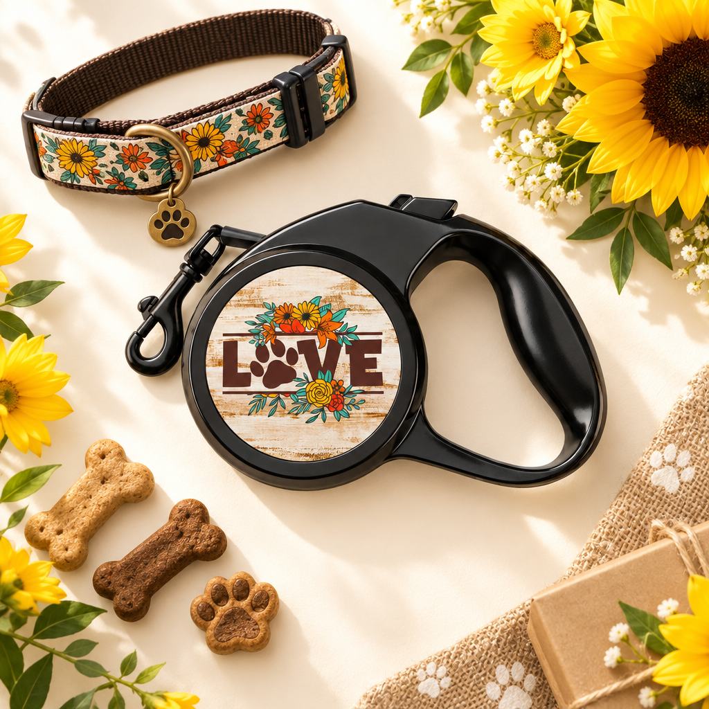Sunflower LOVE paw-print retractable dog leash styled with a collar and treats as a gift