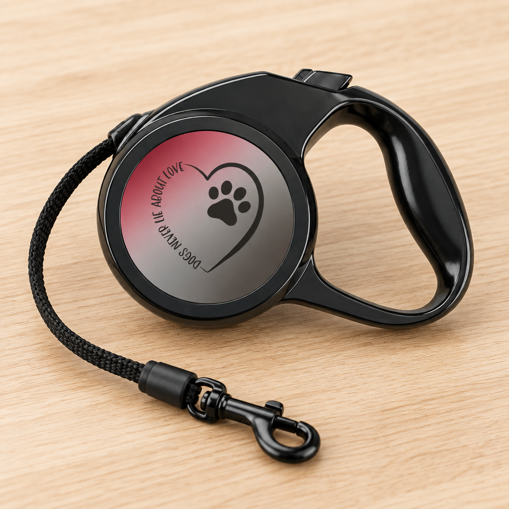 Close-up of the paw-heart retractable leash handle, lock button, cord and metal clip