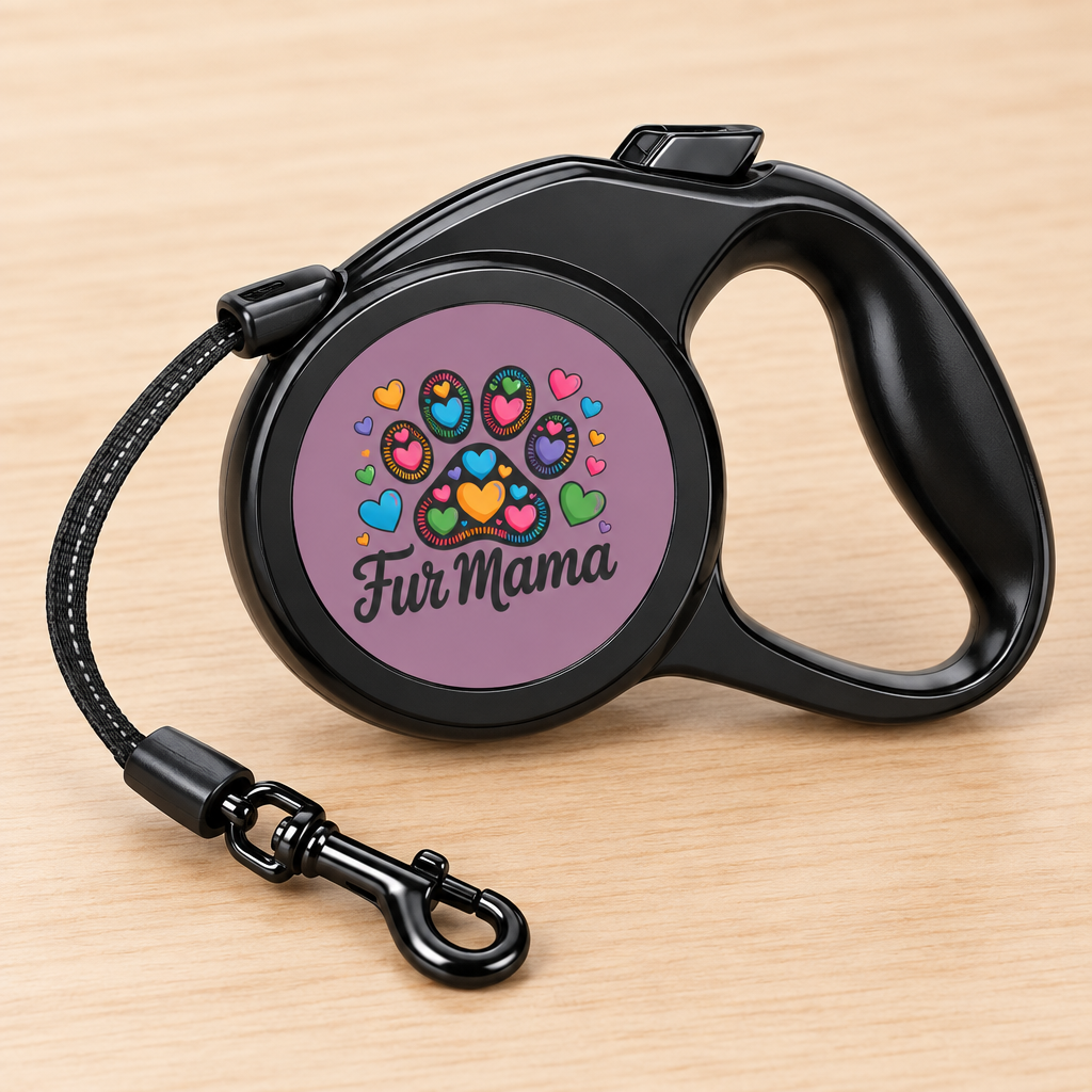 Close-up of the Fur Mama retractable leash handle, lock button, and metal clip