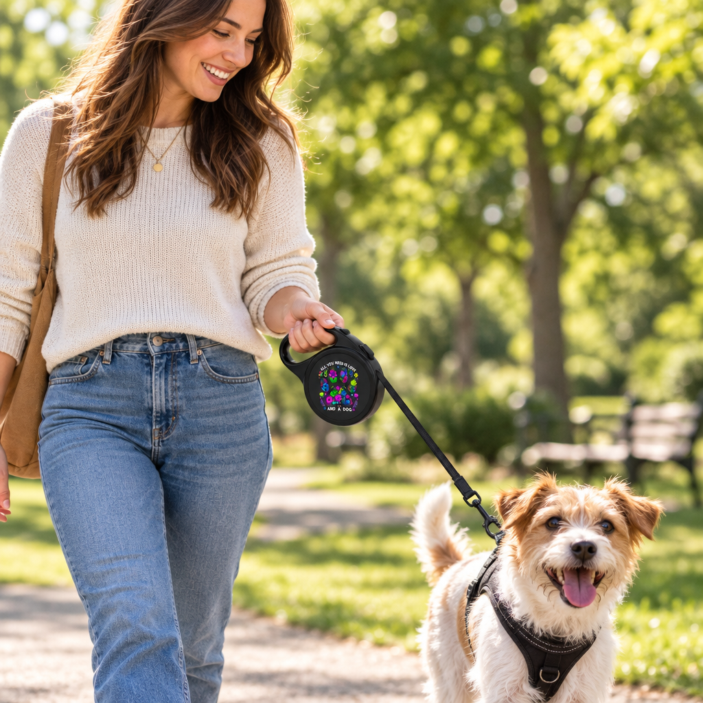 Dog owner walking in a sunny park with the All You Need Is Love and a Dog floral paw retractable leash