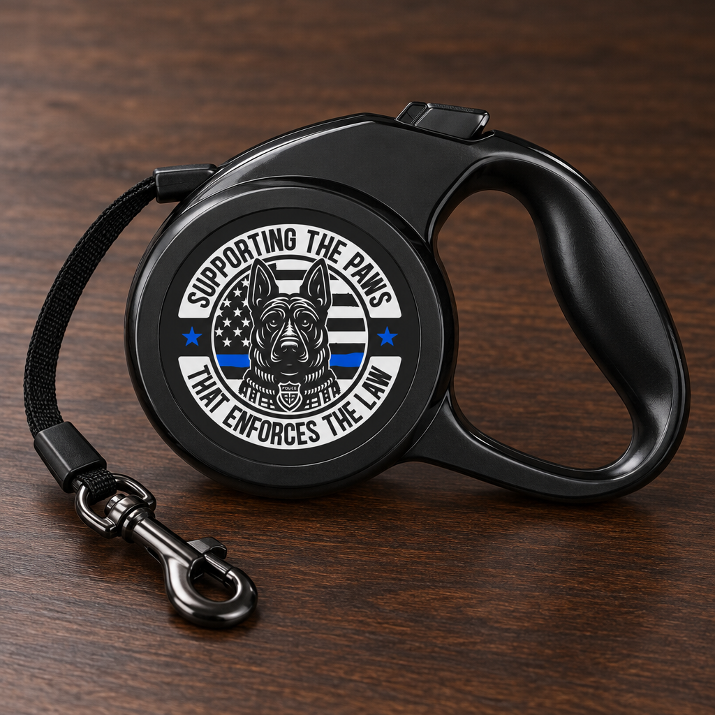 Close-up of the Police K9 retractable leash handle, lock button, and metal clip