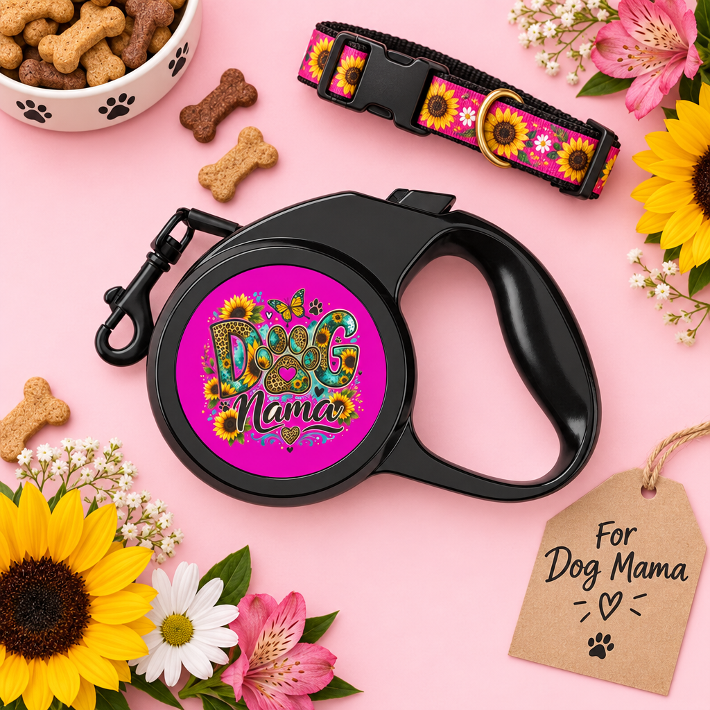 Dog Mama floral retractable leash in a gift flat lay with a collar, treats, and flowers