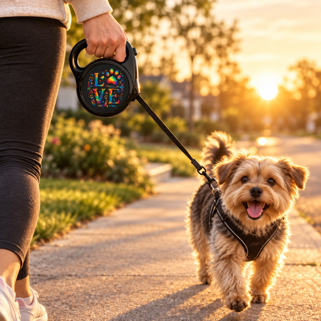 Person walking a small dog at sunrise with the LOVE Rainbow Paw Print retractable leash