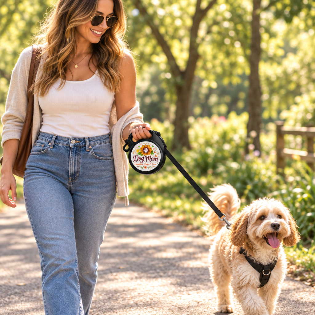 Woman walking a small dog with the Dog Mom floral retractable leash in a sunny park