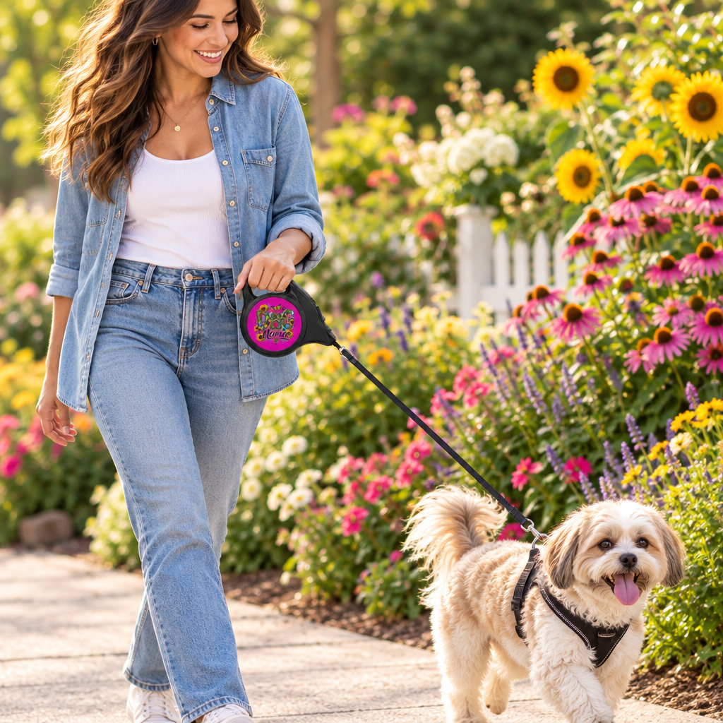 Woman walking a small dog past a flower garden with the Dog Mama bright floral retractable leash