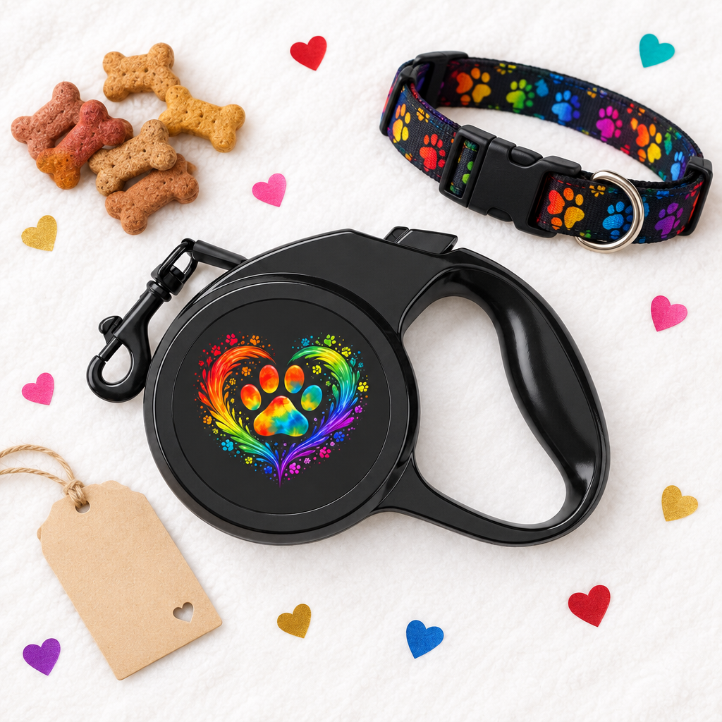 Rainbow Paw Heart retractable leash in a gift flat lay with a collar and treats