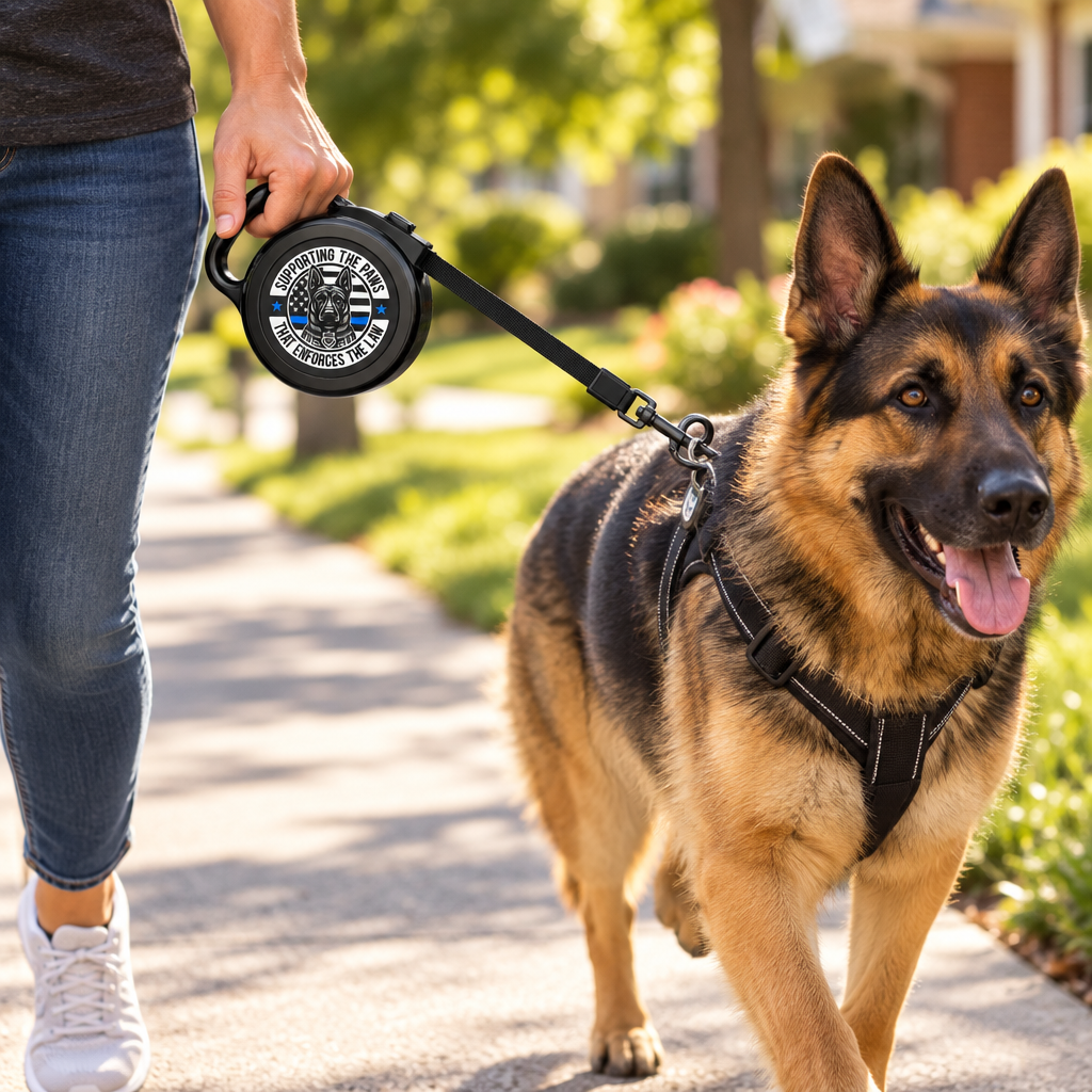 Person walking a shepherd dog with the Police K9 support retractable leash