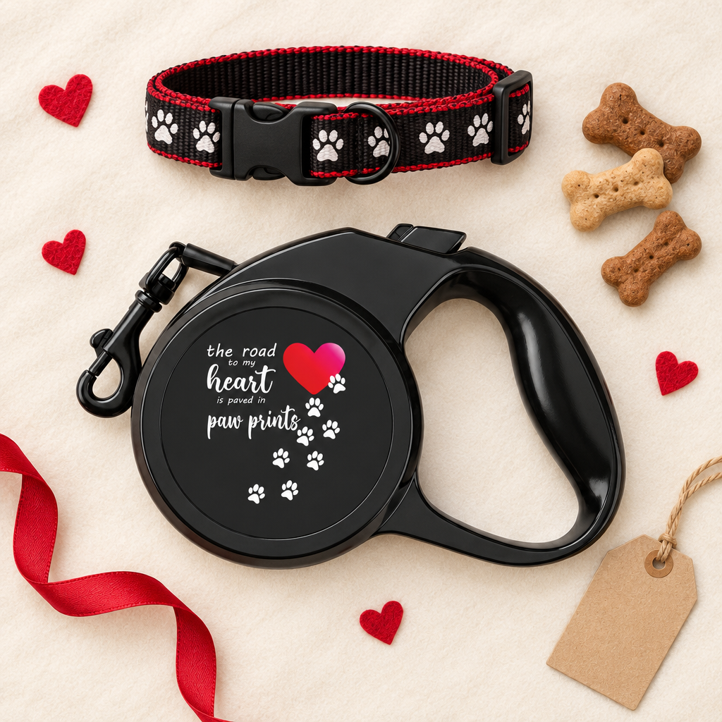 Road to My Heart retractable leash in a gift flat lay with a collar, treats, and hearts