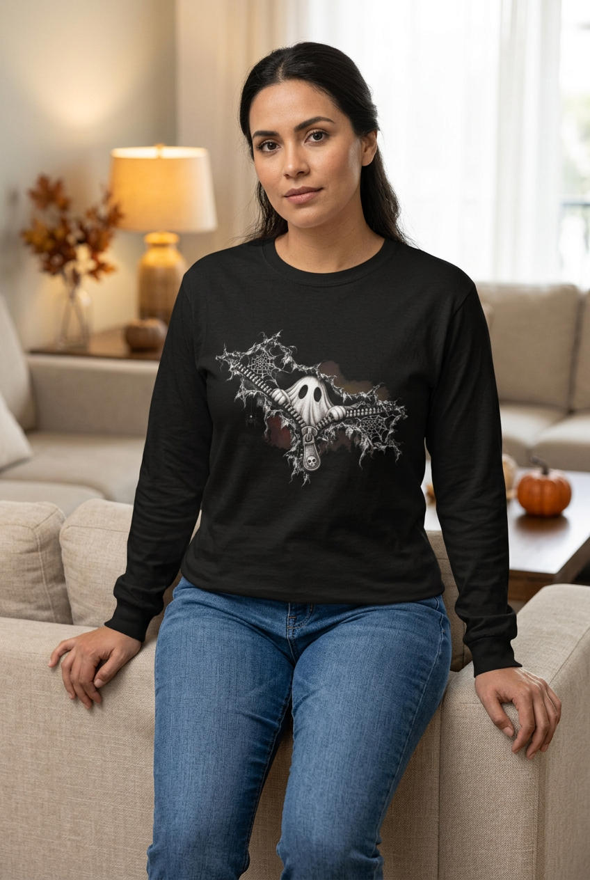 AI lifestyle mockup of a woman wearing a black Gothic Ghost zipper-design long sleeve T-shirt in an autumn living room.