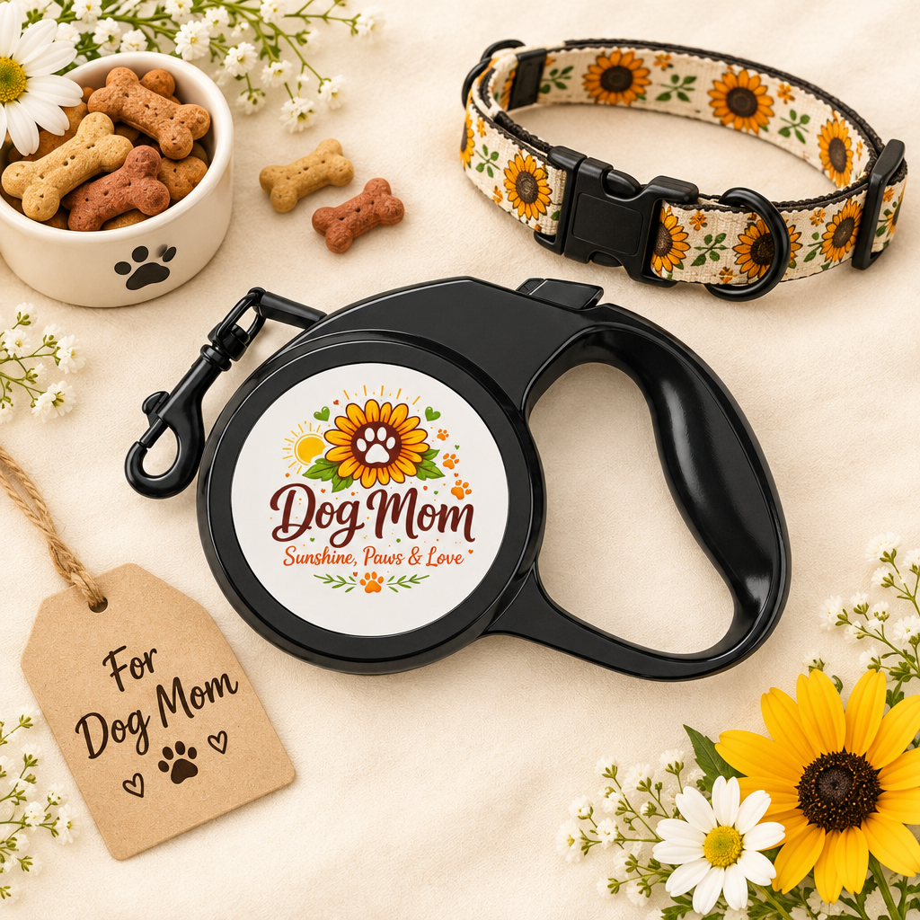 Dog Mom floral retractable leash in a gift flat lay with a collar and treats