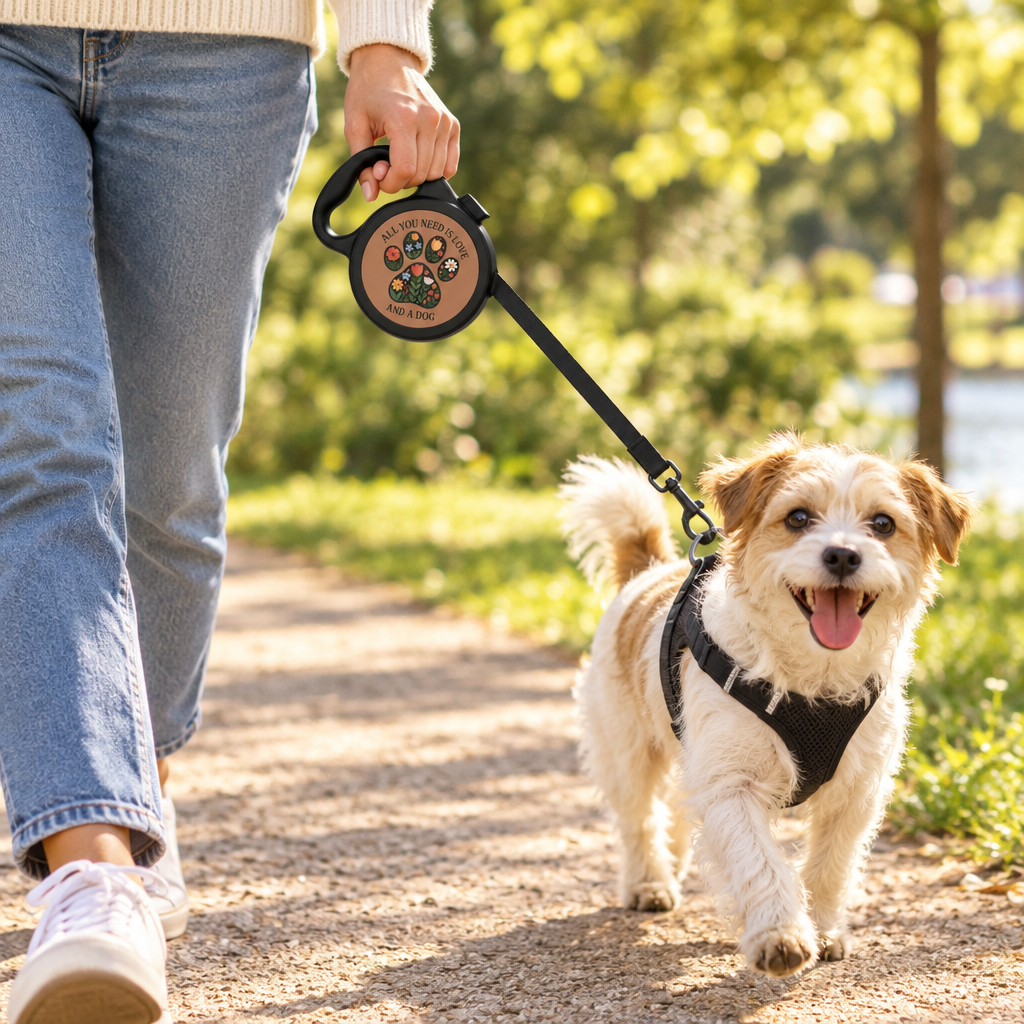 Person walking a small dog on a sunny park path with the All You Need Is Love retractable leash